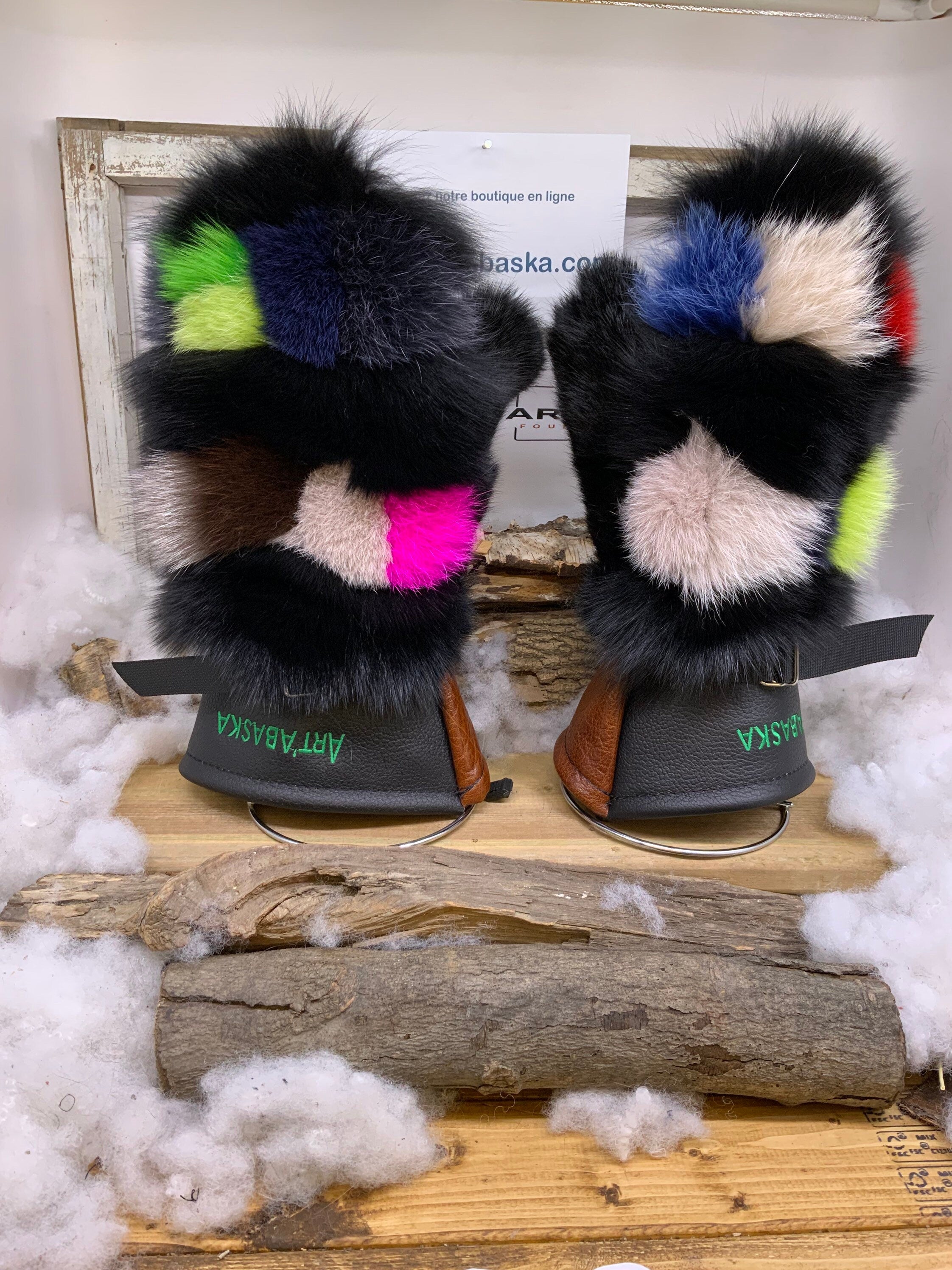 Mitaines Anette X Large – Patchwork renard recyclé, Renard coloré cuir brun-noir – Œuvre artisanale unique Québec