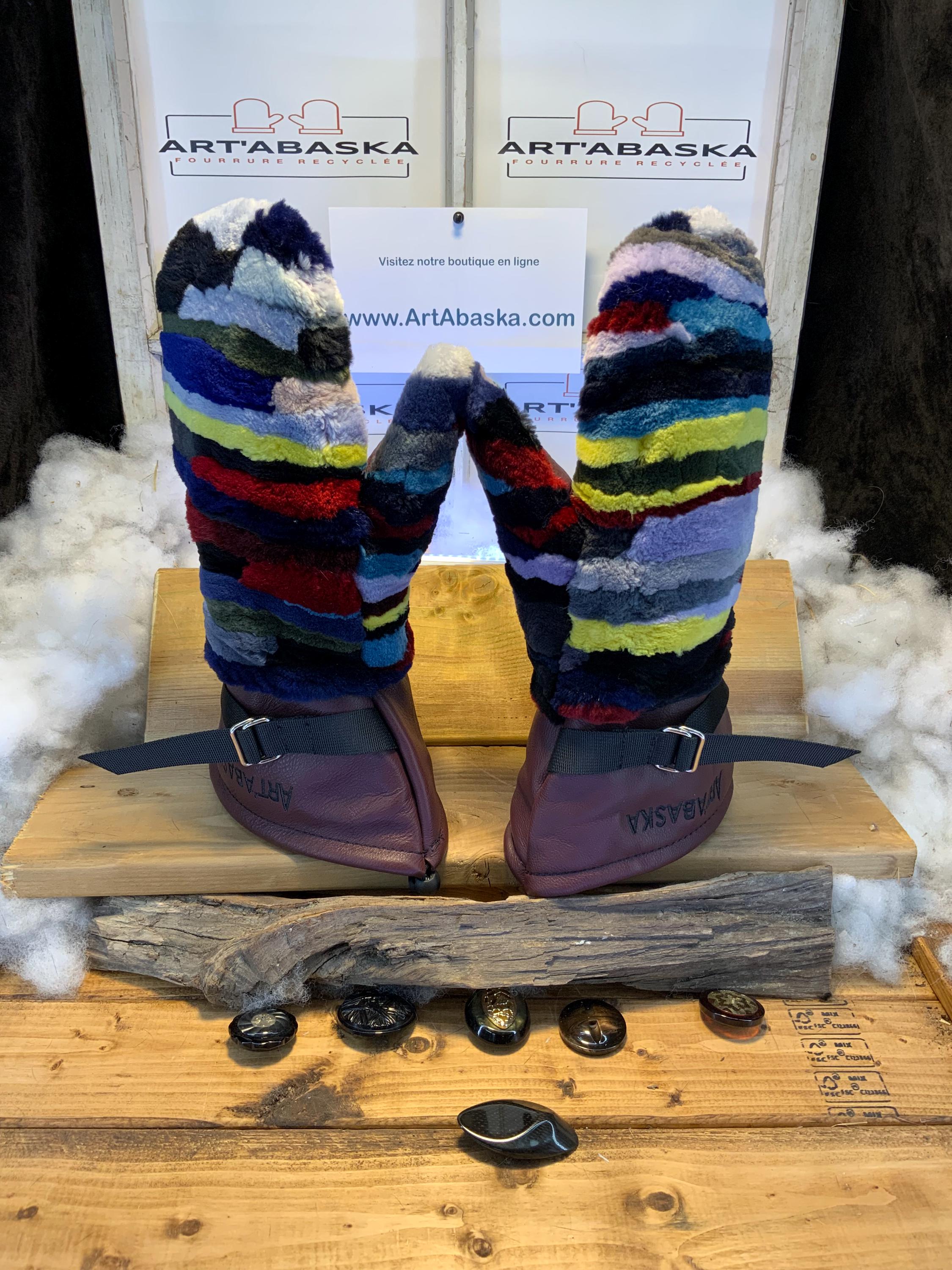 Mitaines Lynda X-Large patchwork renard recyclé multicolore cuir bourgogne italien fait à la main au Québec artisanal unique