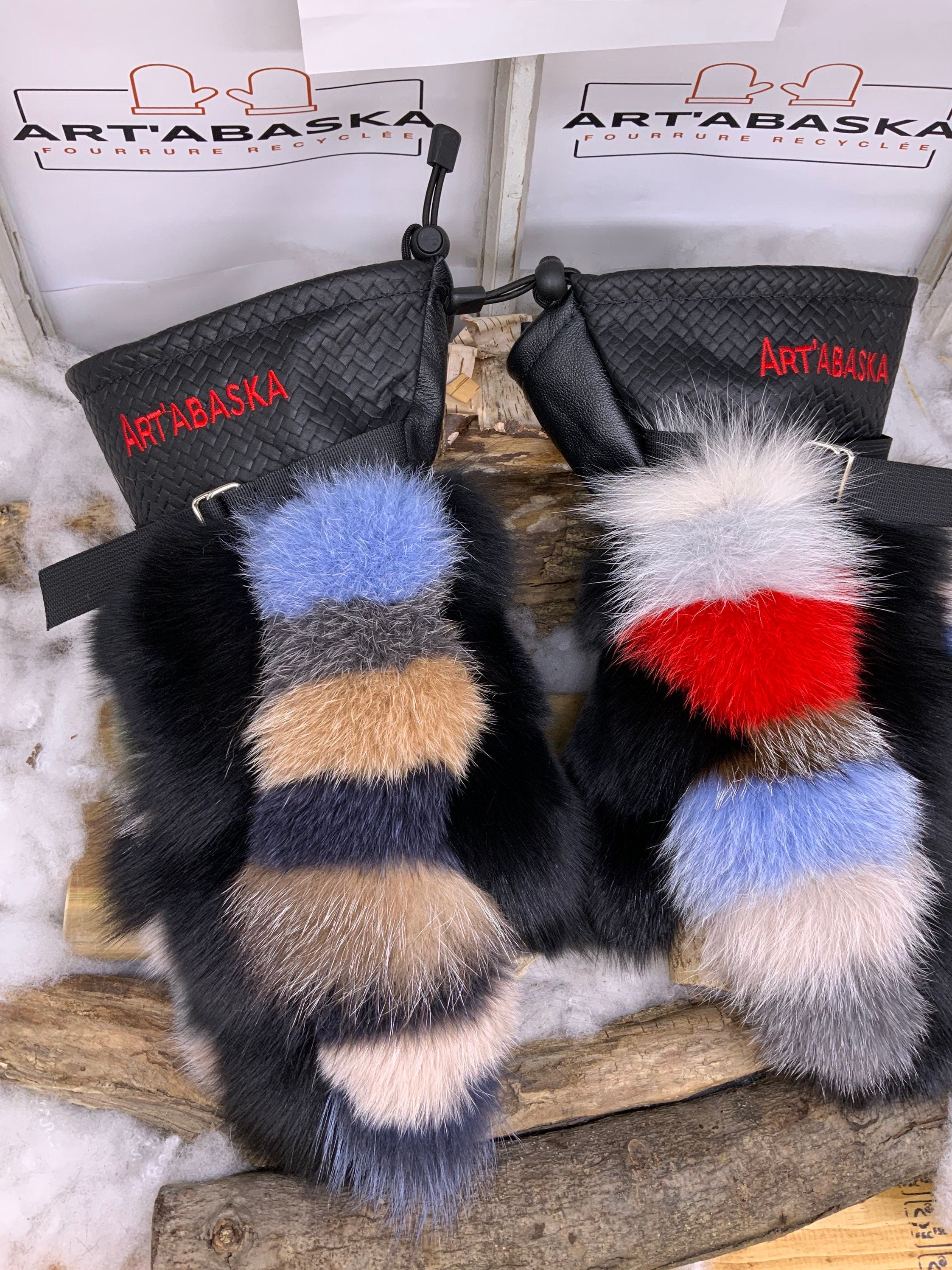 Mitaines Christiane X Large – Patchwork renard recyclé, cuir noir & rouge – Artisanat unique Québec