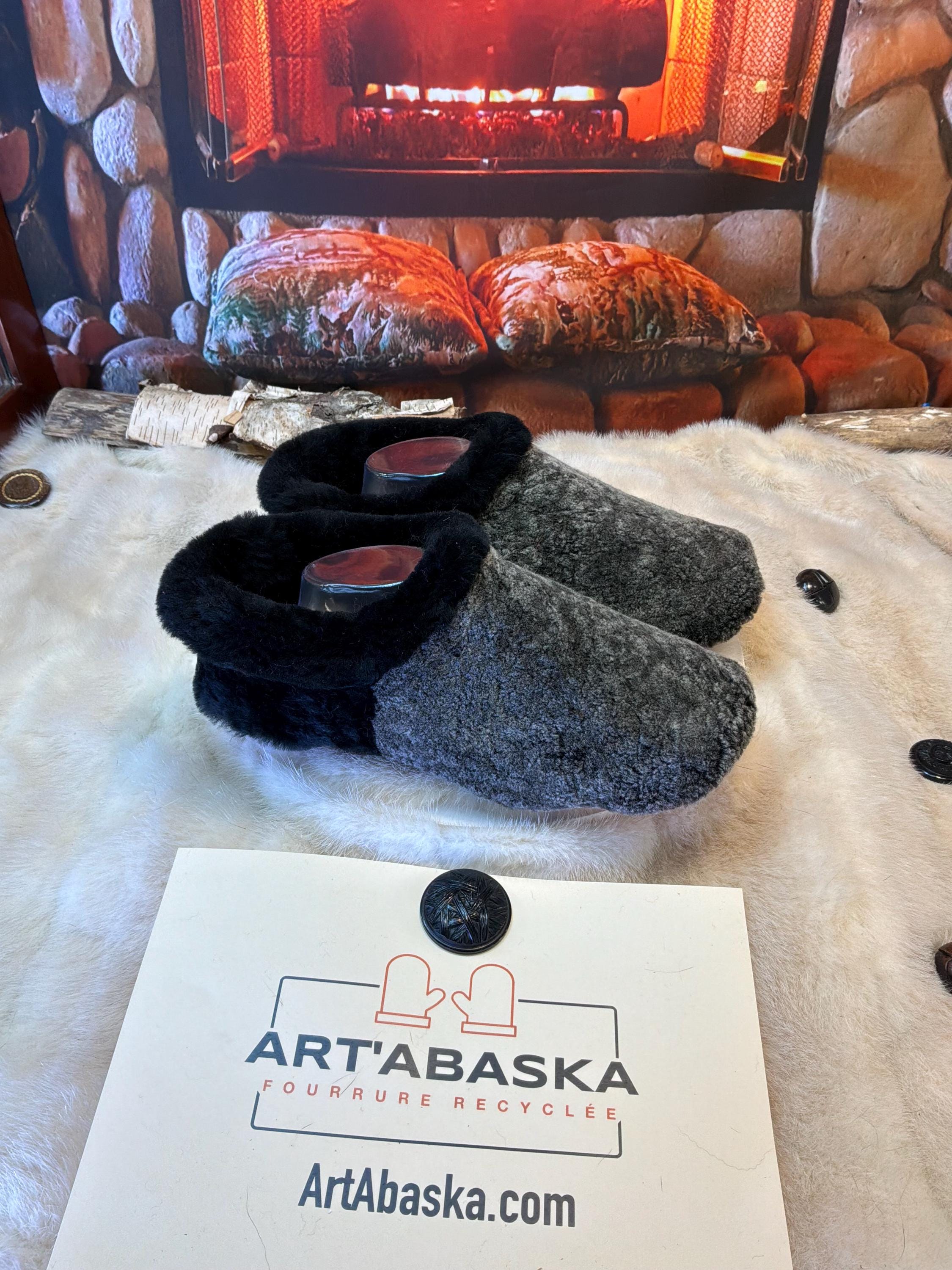 Slipper Odile pointure 9 Homme - 11 femme Sherling italien & cuir recyclé, pièce unique faite à la main au Québec