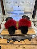 Mitaines Jacqueline Medium mouton rasé noir - rouge vif recyclé, cuir italien noir & rouge pompier, pièce unique faite à la main Québec