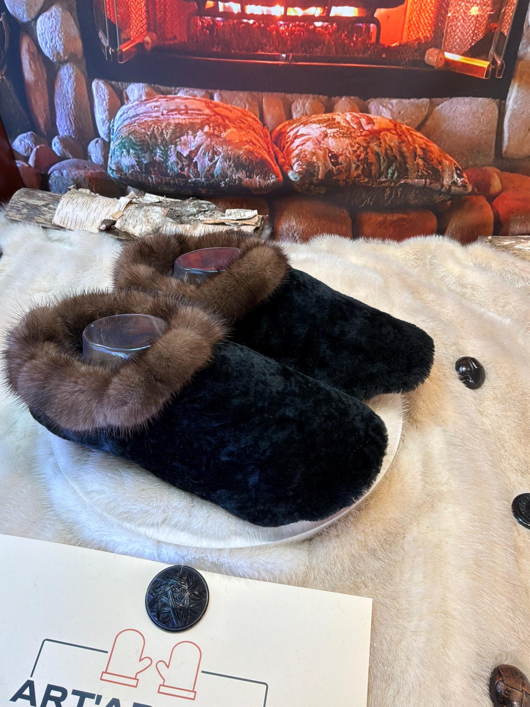 Slipper Clara pointure 9 Homme / 11 femme– Sherling italien & cuir recyclé, pièce unique faite à la main au Québec