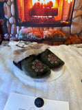 Slipper Précille pointure 8 femme – Sherling italien & cuir recyclé, pièce unique faite à la main au Québec édition brodée
