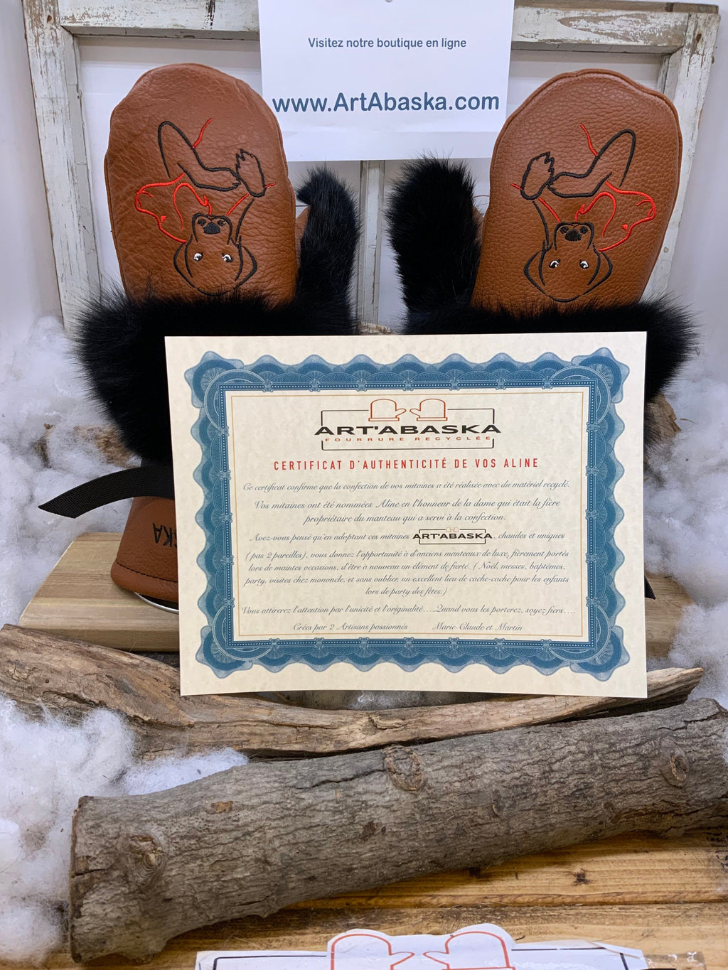 Mitaines Aline Large renard noir patchwork vison noir cuir orange brulé édition amour de chiens ArtAbaska fait main Québec