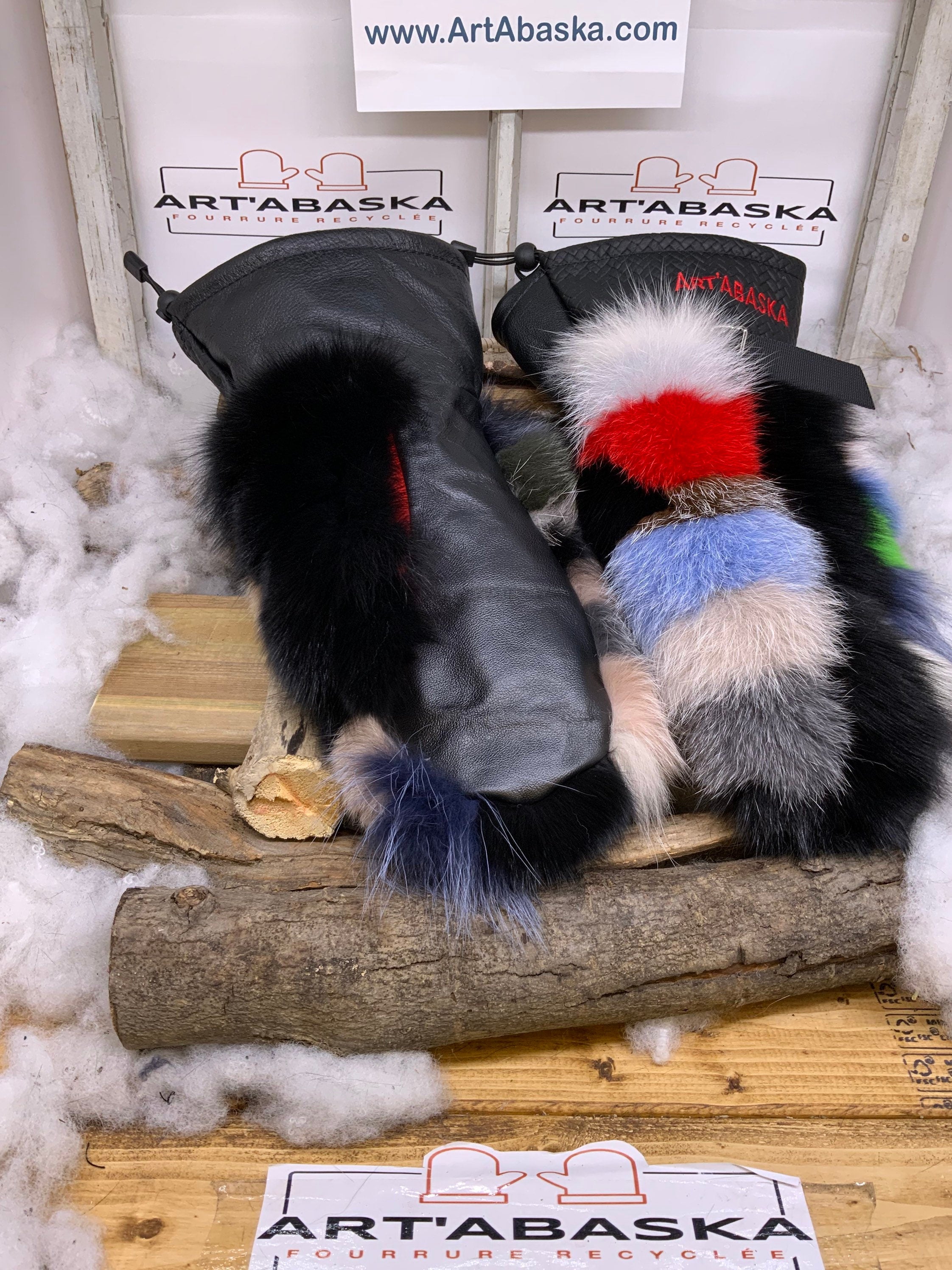 Mitaines Christiane X Large – Patchwork renard recyclé, cuir noir & rouge – Artisanat unique Québec