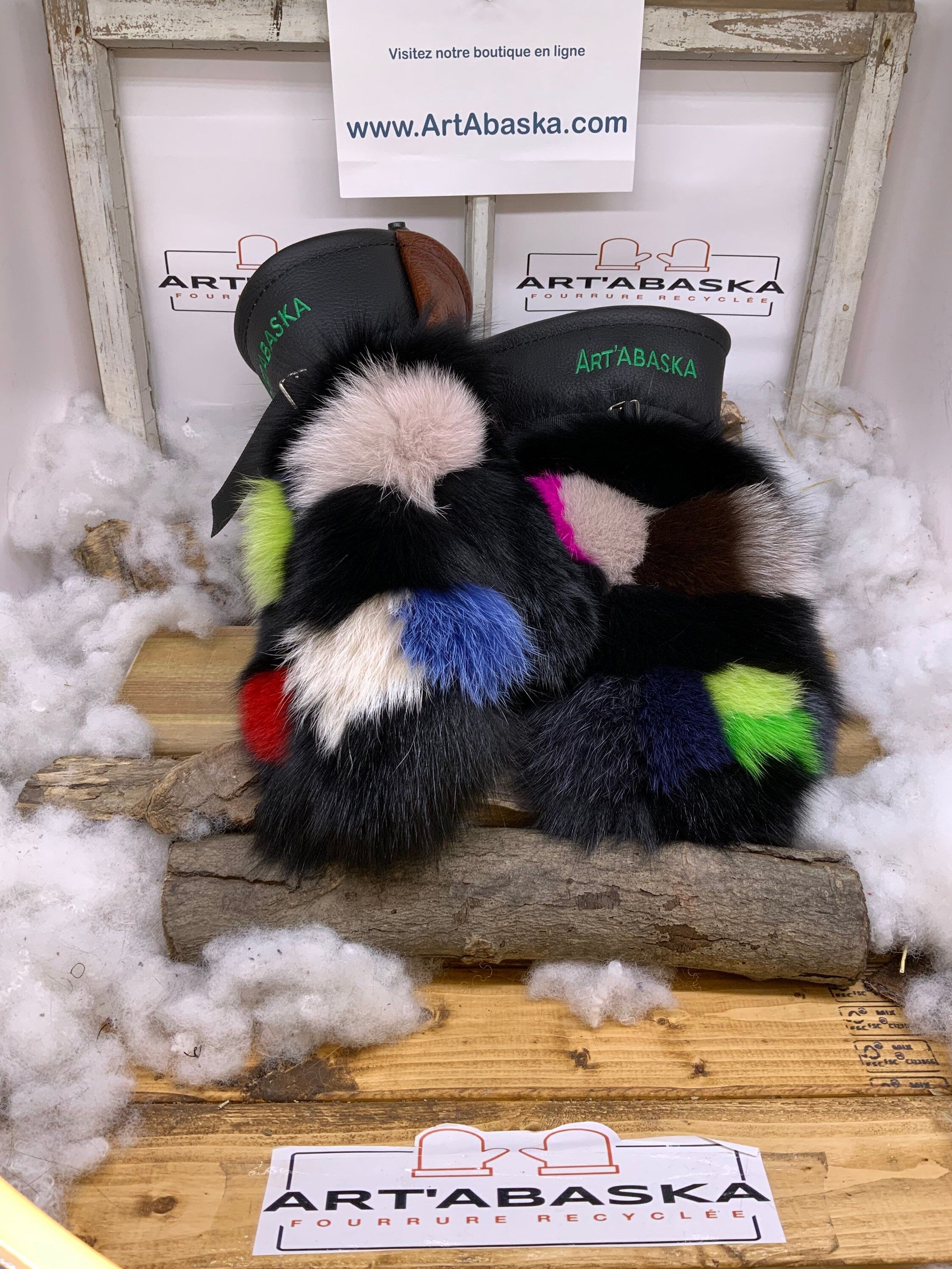 Mitaines Anette X Large – Patchwork renard recyclé, Renard coloré cuir brun-noir – Œuvre artisanale unique Québec