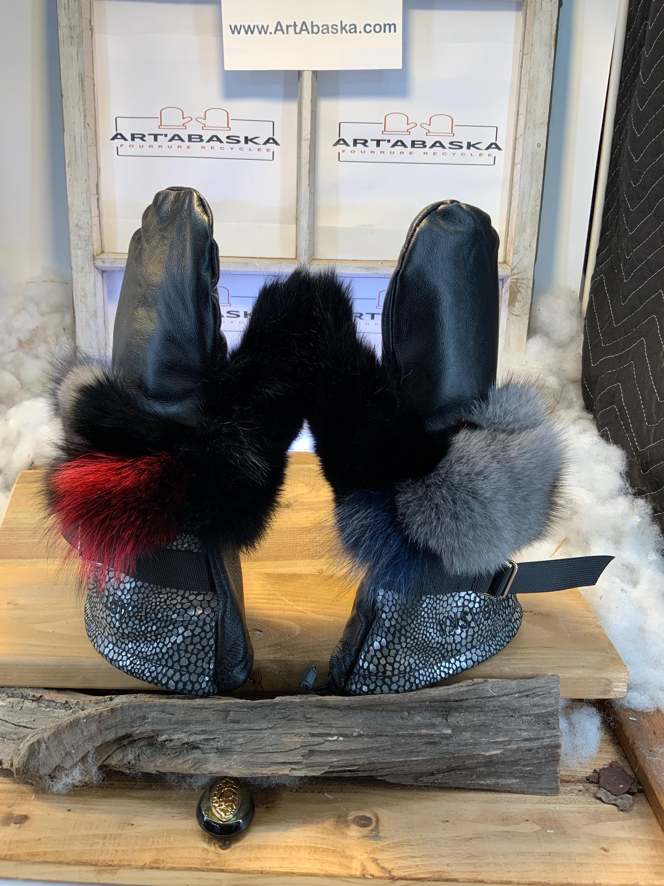 Mitaines Les Fernandes – Large, cuir italien noir, patchwork de fourrure recyclée, lapin et serpent gris, fait à la main au Québec