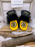 Mitaines Irène Bruins de Boston cuir jaune et noir brodé renard patchwork recyclé fait à la main Large Québec artisanal unique