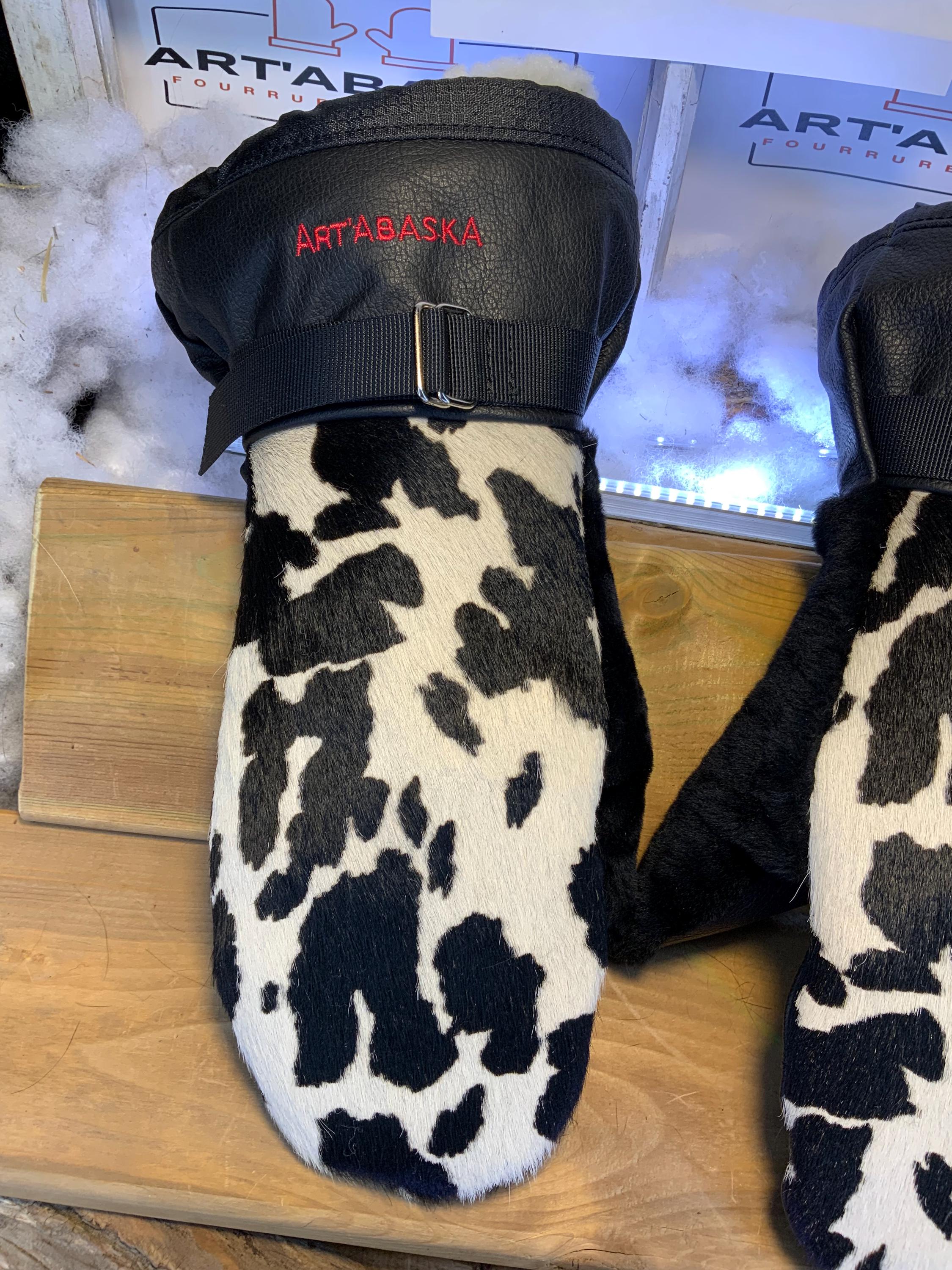 Mitaines hiver peau de vache & cuir italien noir | Mitaines fourrure recyclée mouton rasé | Fait à la main Québec | Modèle Carmen X-Large