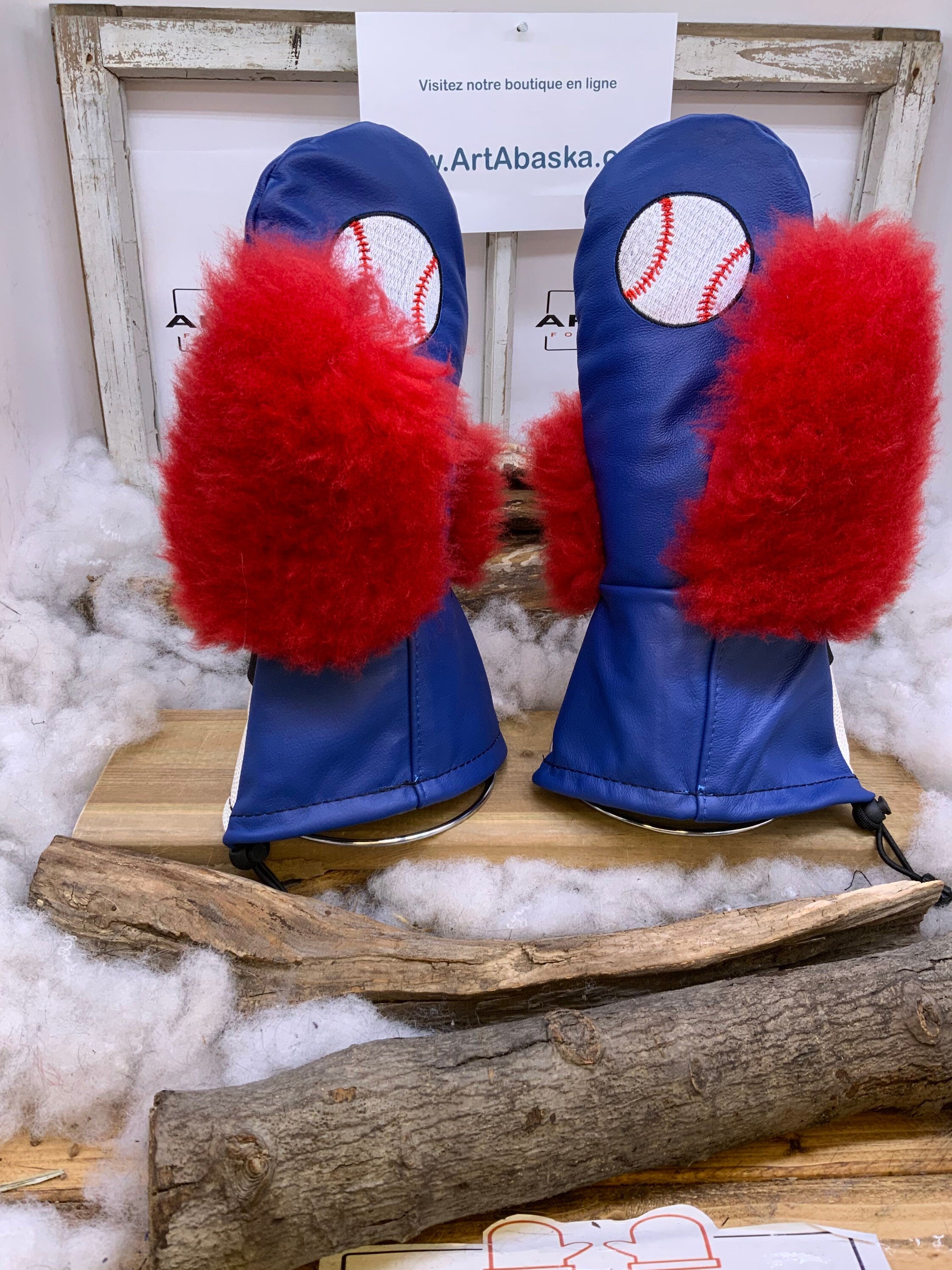 Mitaines Alice Expos de Montréal cuir bleu blanc brodé fourrure mouton recyclé fait à la main Large Québec baseball nostalgie