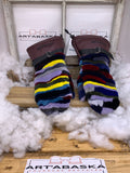 Mitaines Gilberte X-Large – Patchwork renard recyclé cousu une à une, cuir bourgogne intérieur amovible – fait main Québec