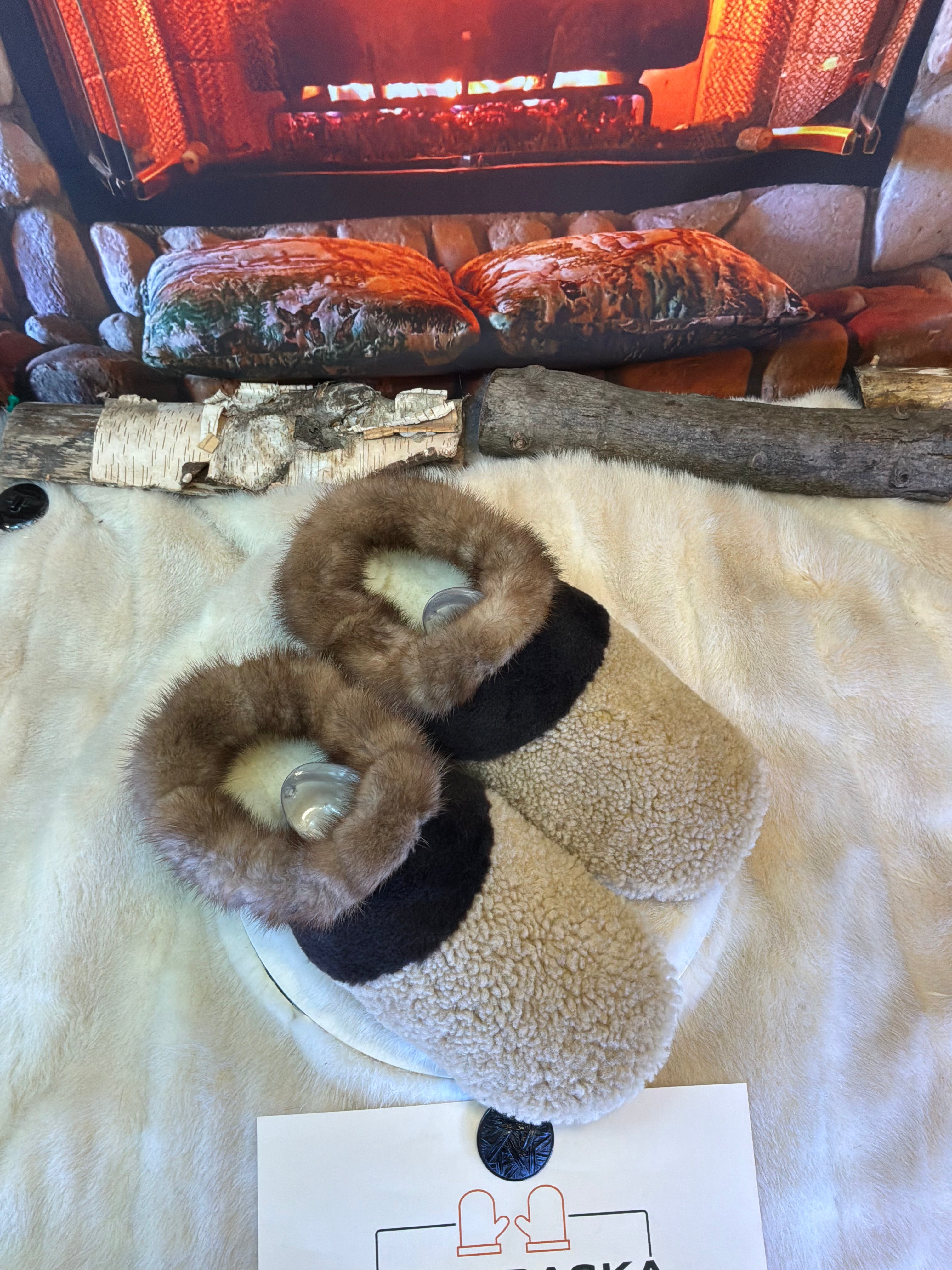 Slipper Les Marie pointure 12 Homme – Sherling italien & cuir recyclé, pièce unique faite à la main au Québec