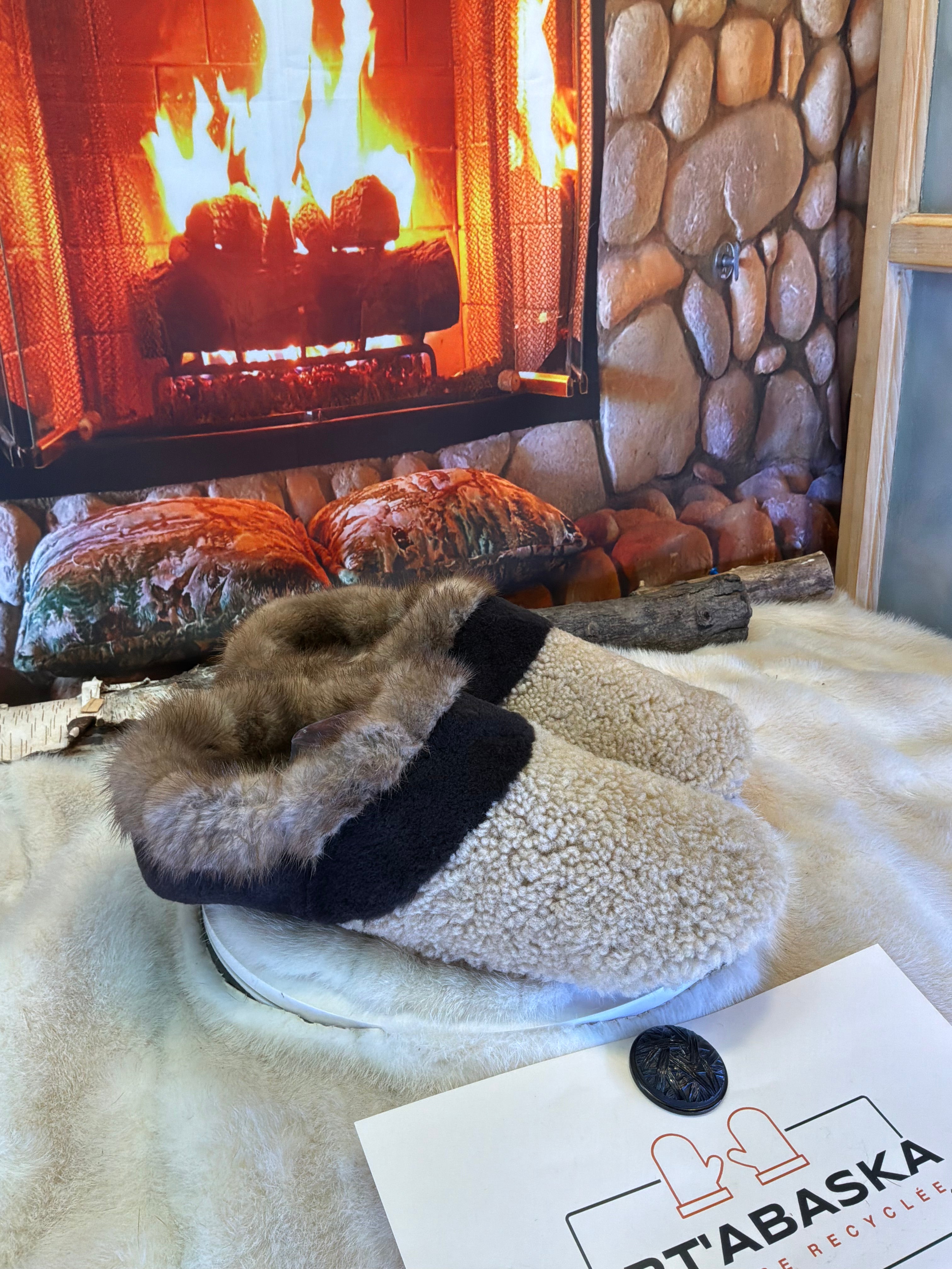 Slipper Les Marie pointure 12 Homme – Sherling italien & cuir recyclé, pièce unique faite à la main au Québec