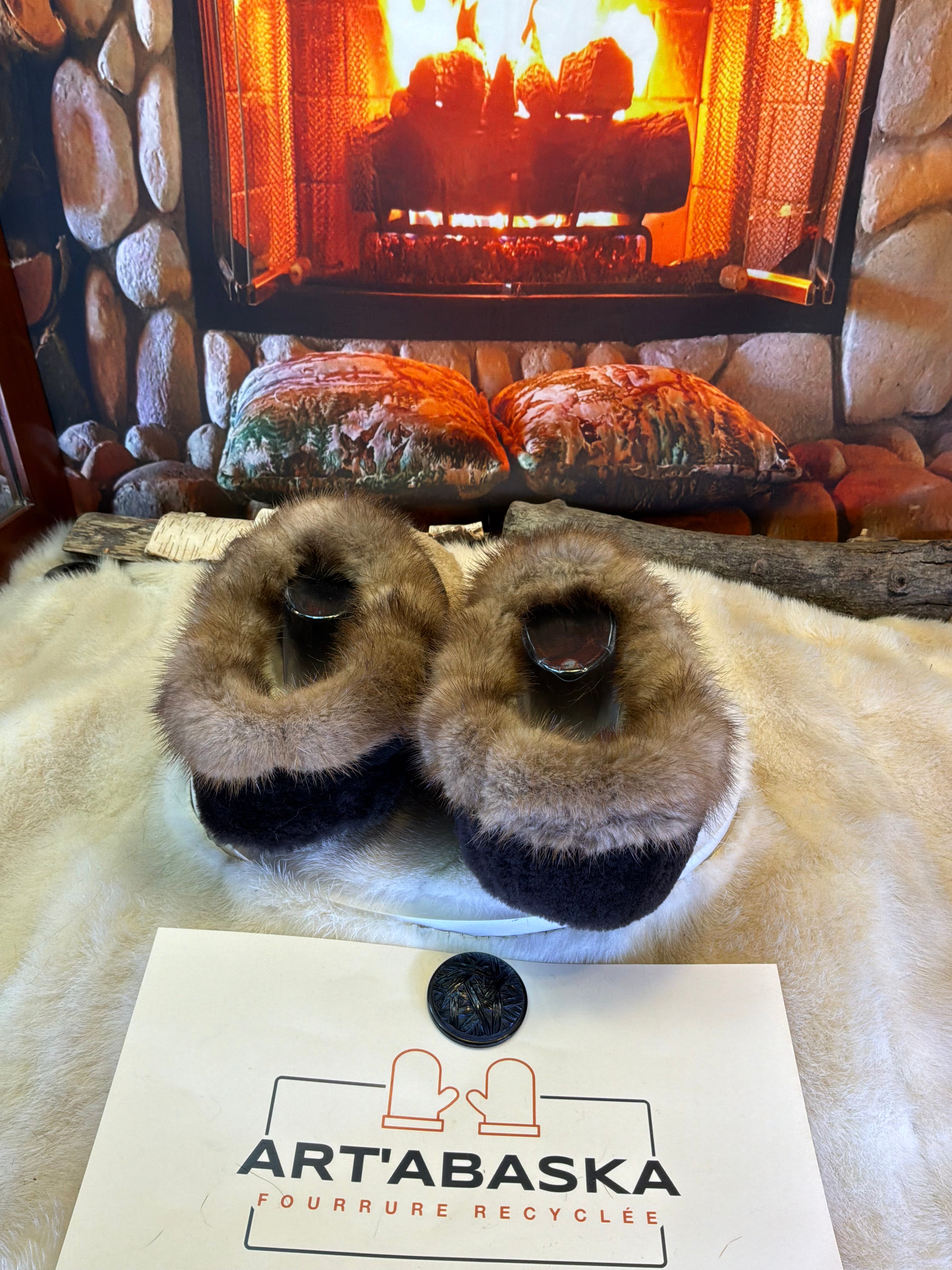 Slipper Les Marie pointure 12 Homme – Sherling italien & cuir recyclé, pièce unique faite à la main au Québec
