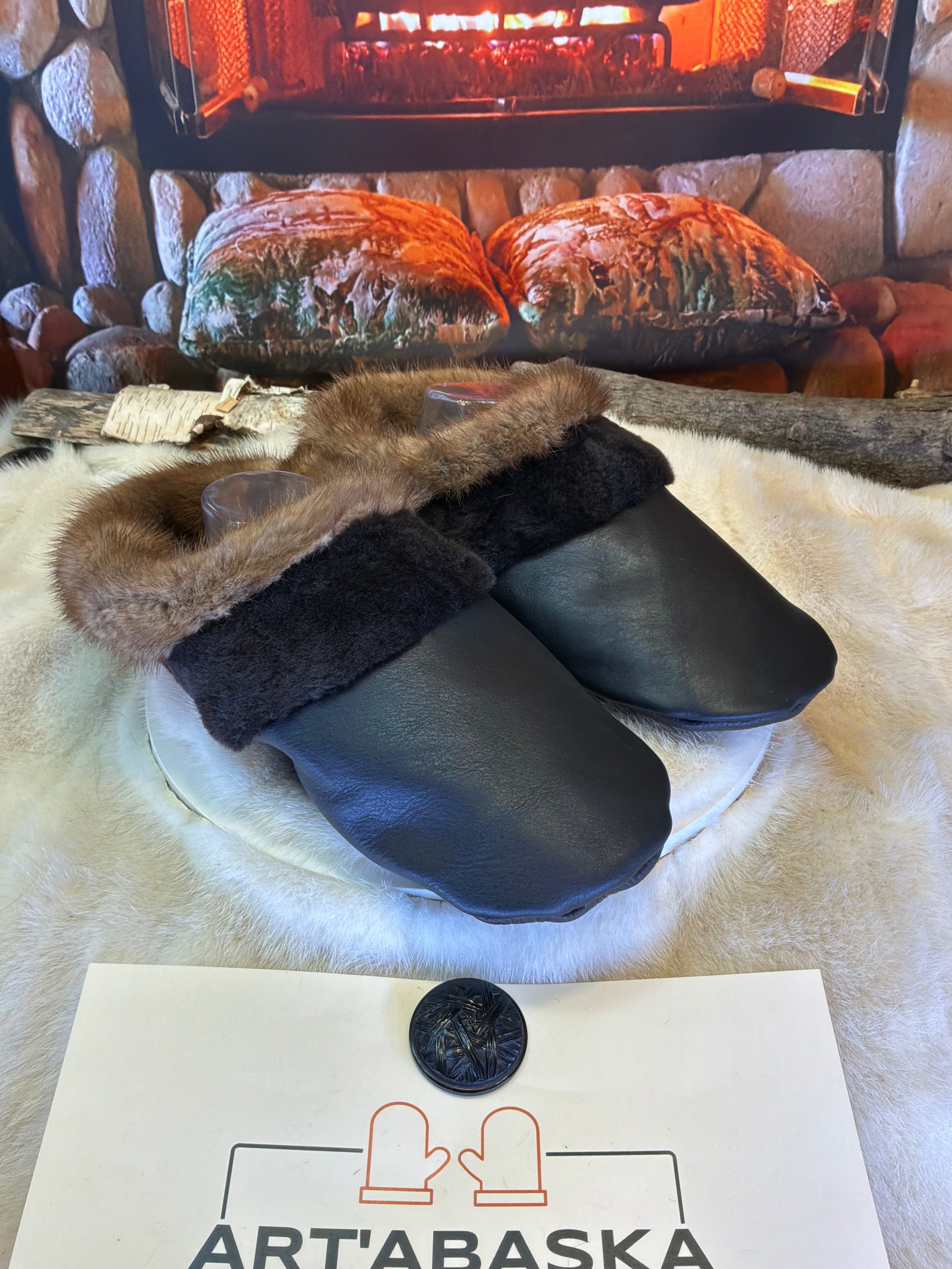 Slipper Les Françoise pointure 12 Homme – Sherling italien & cuir recyclé, pièce unique faite à la main au Québec