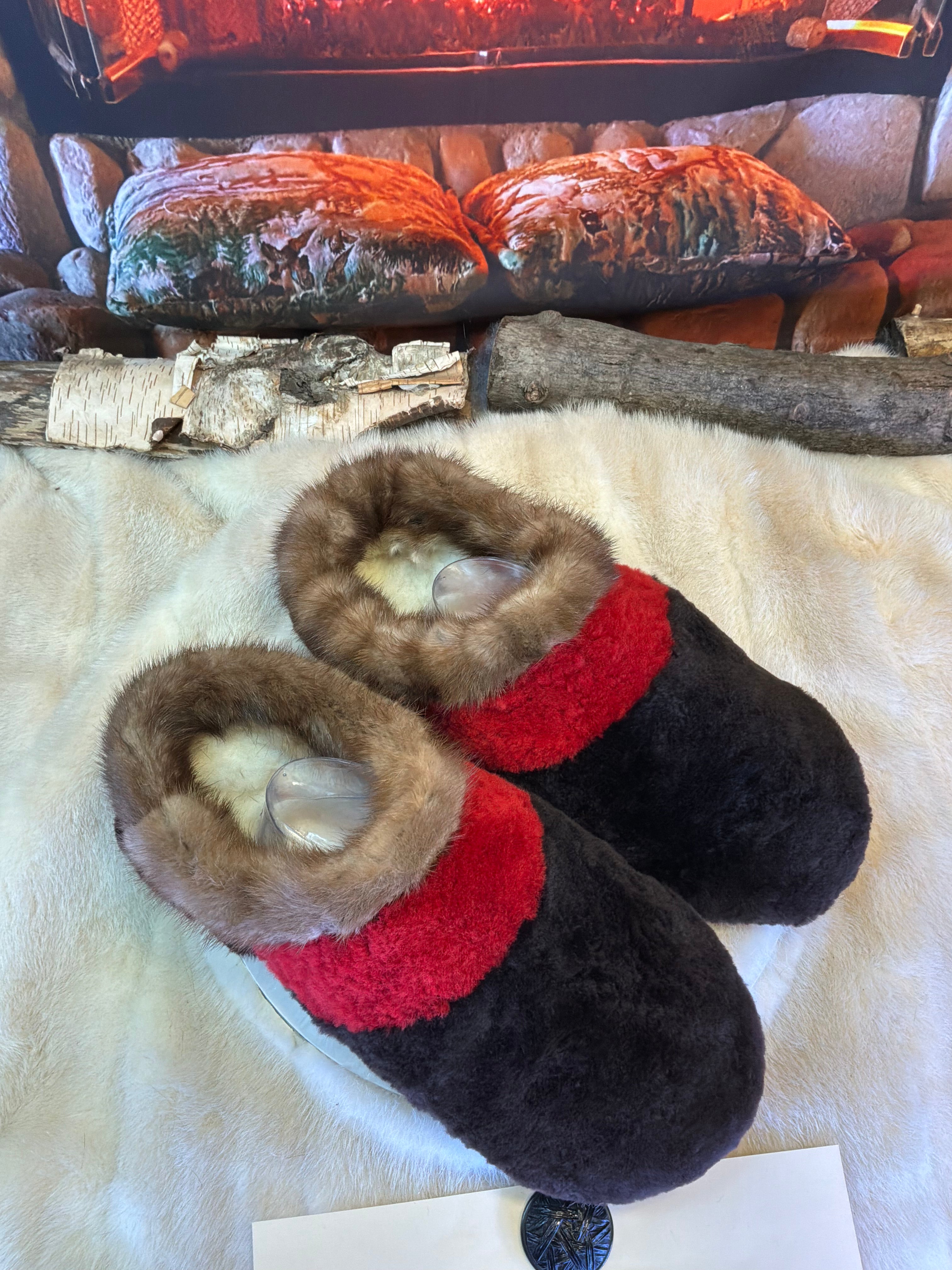 Slipper Les Yvette pointure 12 Homme – Sherling italien & cuir recyclé, pièce unique faite à la main au Québec