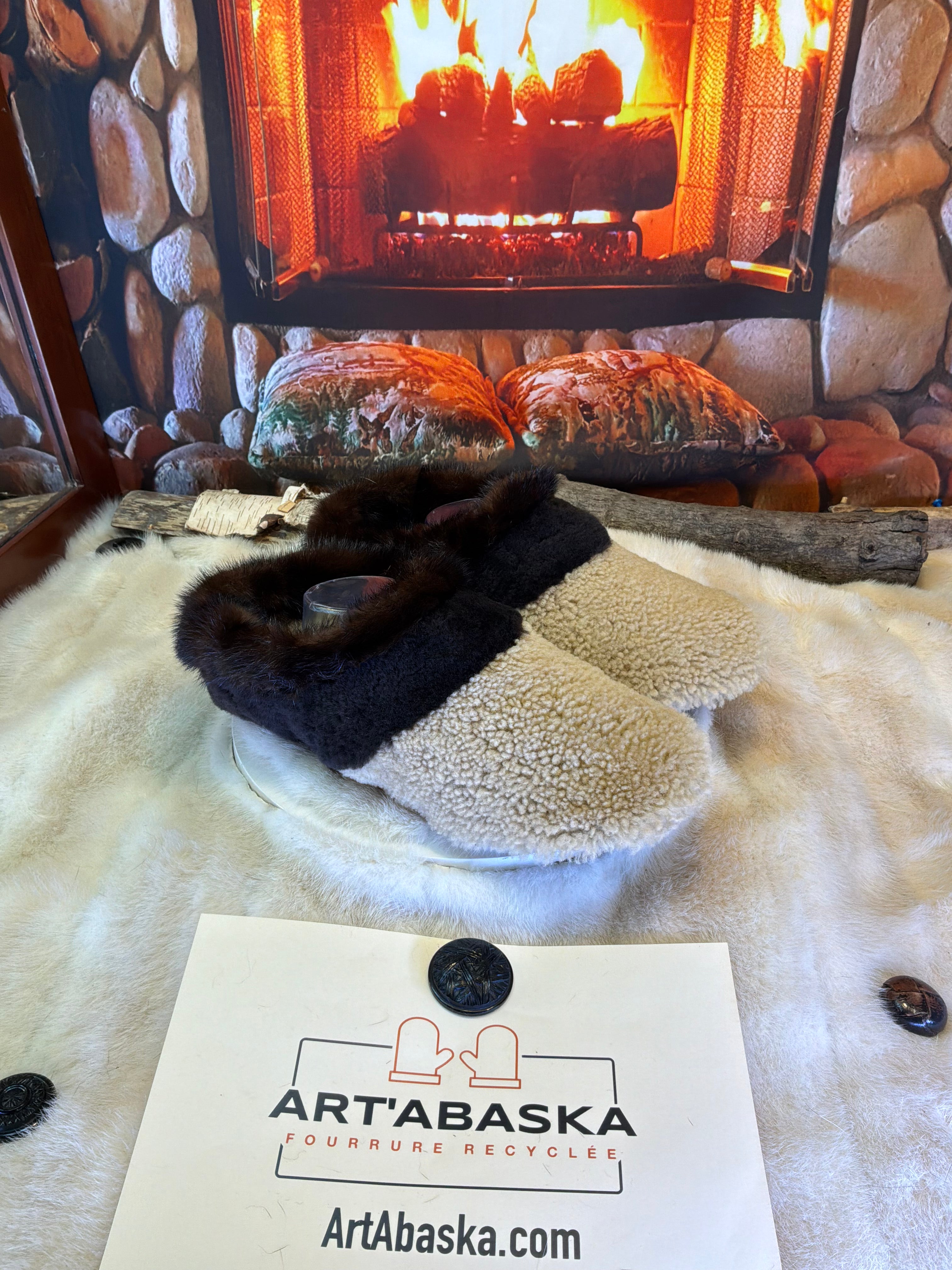 Slipper Les Germaine pointure 12 Homme – Sherling italien & cuir recyclé, pièce unique faite à la main au Québec