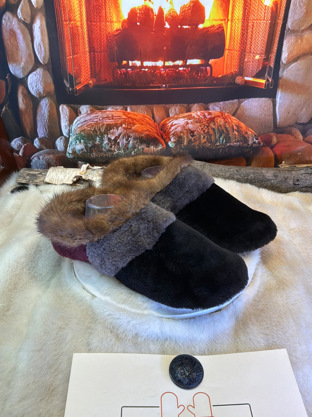 Slipper Les Jeanne pointure 12 Homme – Sherling italien & cuir recyclé, pièce unique faite à la main au Québec