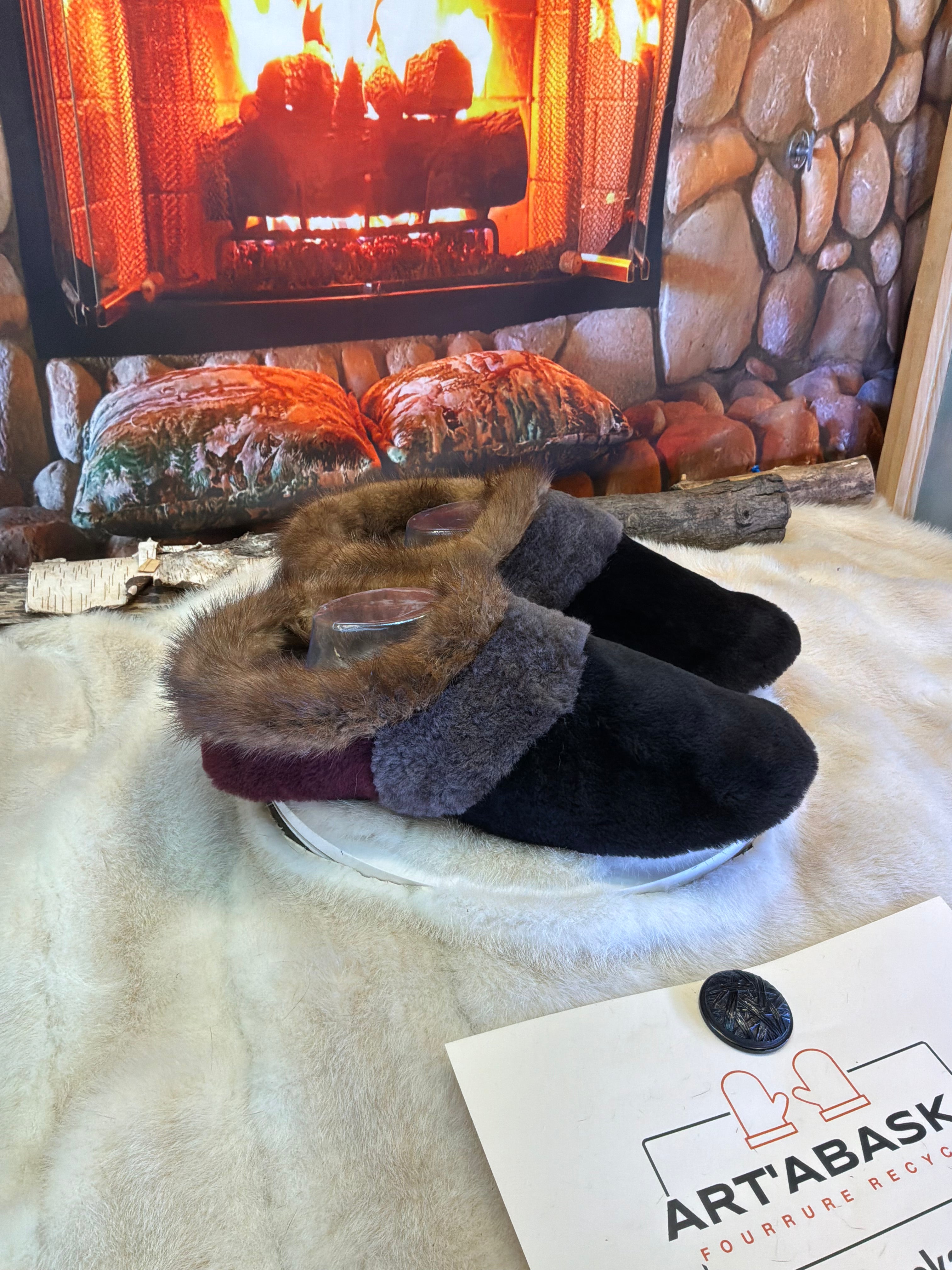 Slipper Les Jeanne pointure 12 Homme – Sherling italien & cuir recyclé, pièce unique faite à la main au Québec