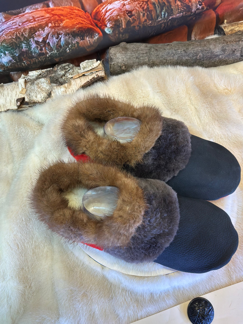 Slipper pointure 11 Homme – Sherling italien & cuir recyclé, pièce unique faite à la main au Québec