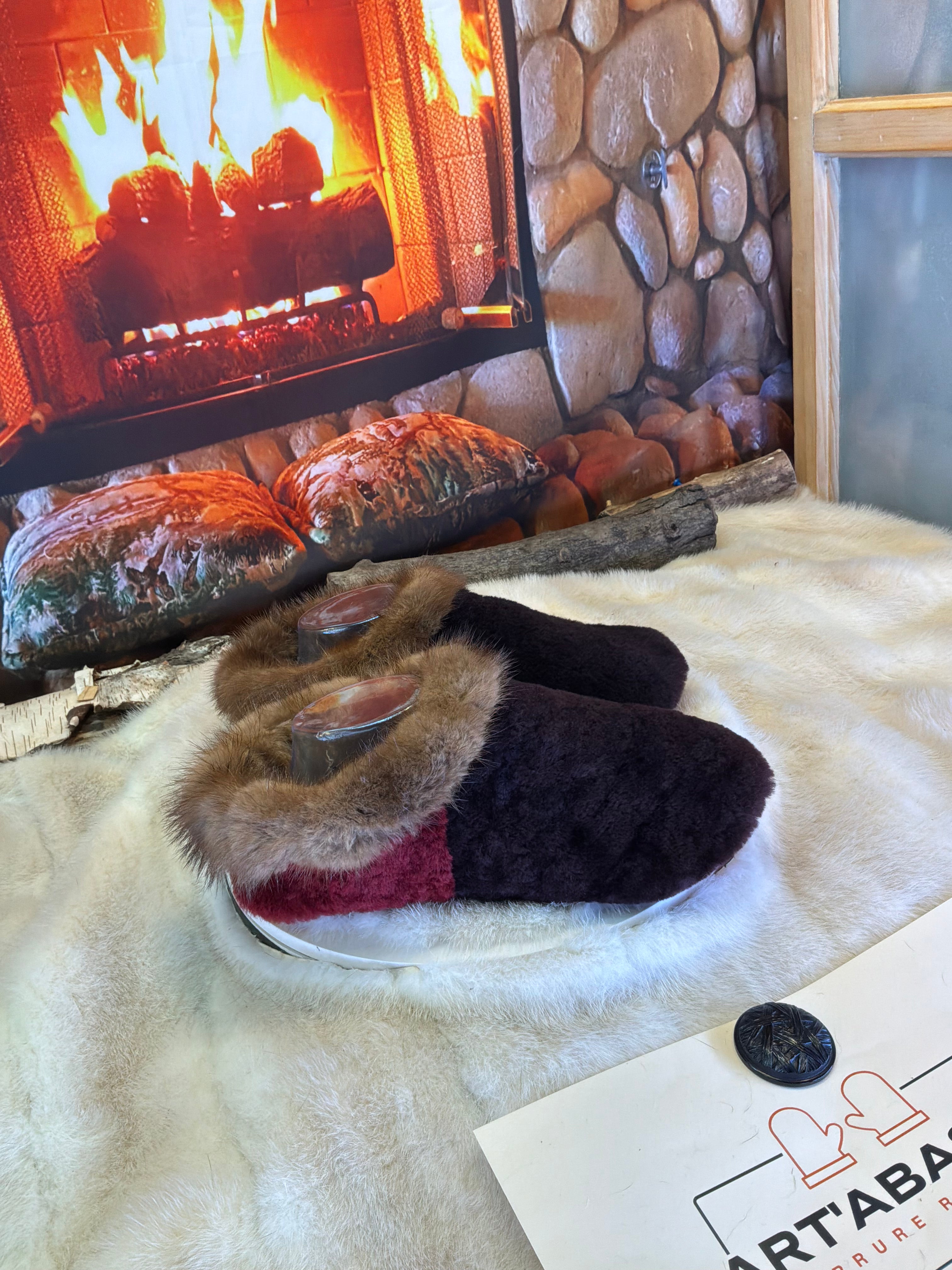 Slipper Les Gabrielle pointure 9 femme – Sherling italien & cuir recyclé, pièce unique faite à la main au Québec