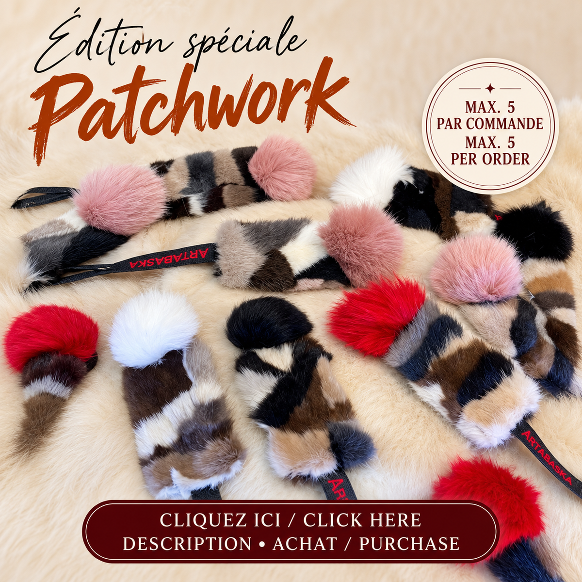 Jouets pour chat en fourrure recyclée ÉDITION SPÉCIALE PATCHWORK avec Pompon suspendu