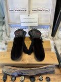 Carmen Mittens Medium all dark brown recycled mink & brown curly lamb thumb, black Italian leather, unique handmade piece Quebec