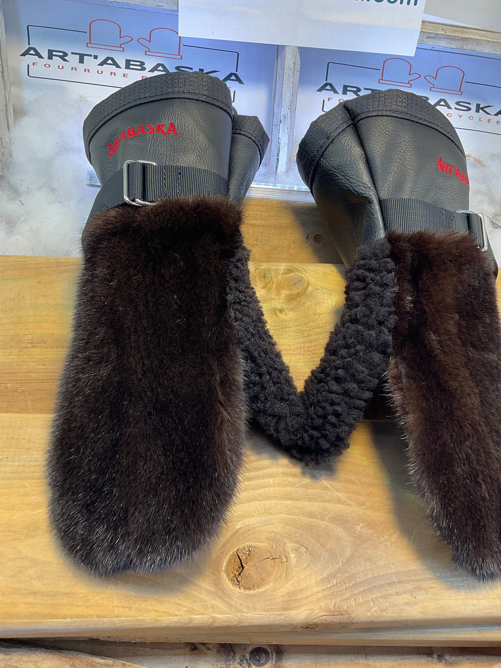 Carmen Mittens Medium all dark brown recycled mink & brown curly lamb thumb, black Italian leather, unique handmade piece Quebec