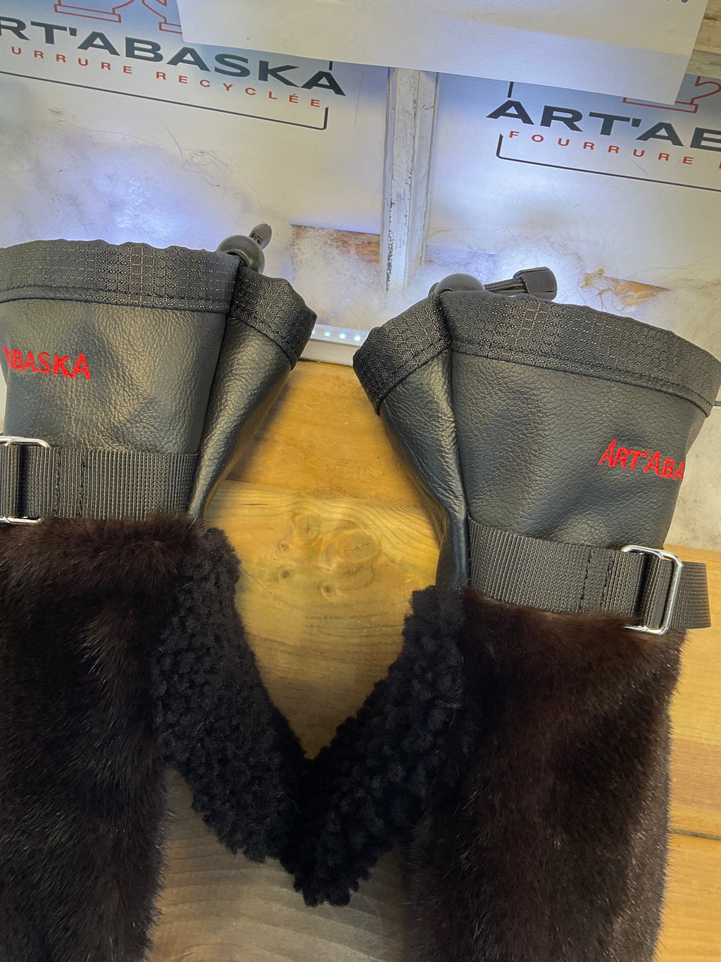 Carmen Mittens Medium all dark brown recycled mink & brown curly lamb thumb, black Italian leather, unique handmade piece Quebec