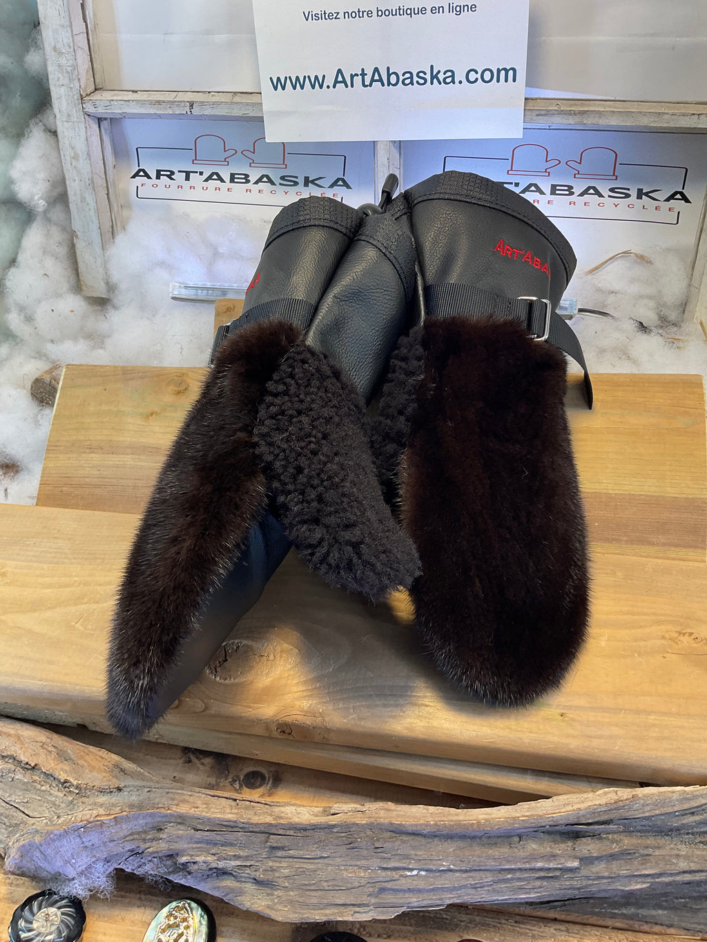 Carmen Mittens Medium all dark brown recycled mink & brown curly lamb thumb, black Italian leather, unique handmade piece Quebec