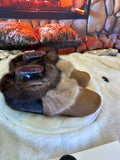 Slipper Aurore pointure 7 femme – Sherling italien & cuir recyclé, pièce unique faite à la main au Québec