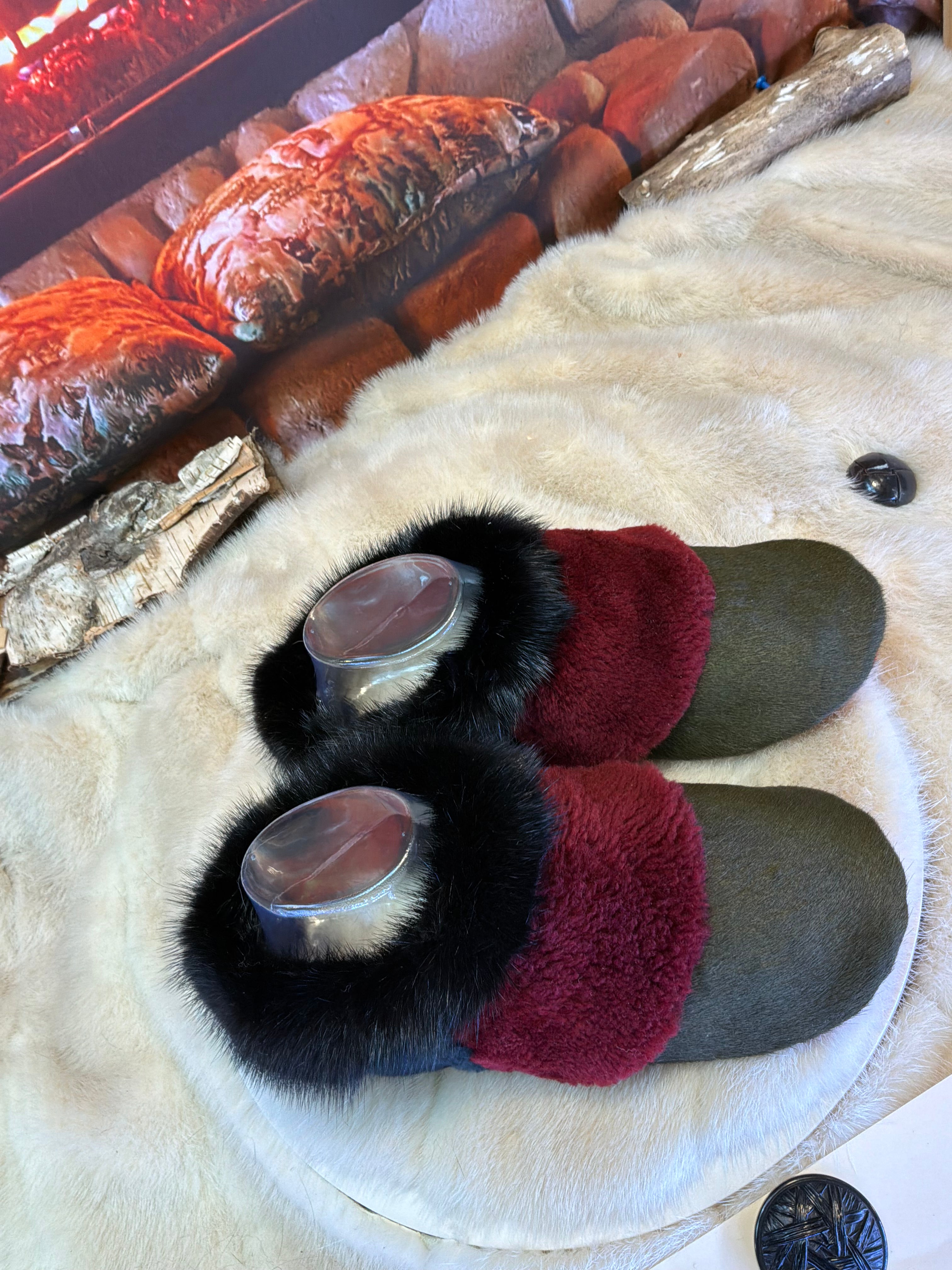 Slipper Fernande pointure 7 femme – Sherling italien & cuir recyclé, pièce unique faite à la main au Québec