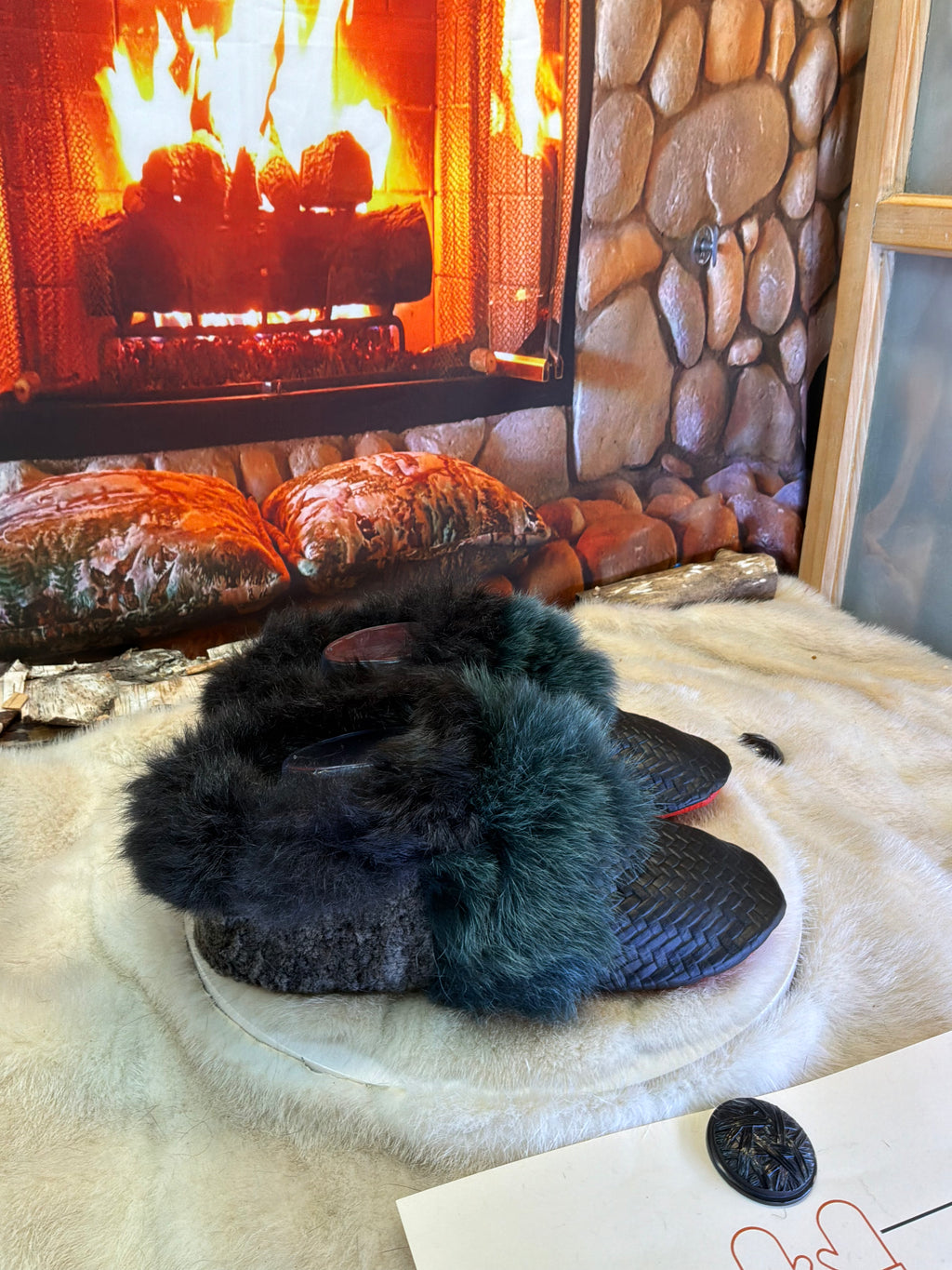 Slipper Mariette pointure 8 femme – Sherling italien & cuir recyclé, pièce unique faite à la main au Québec