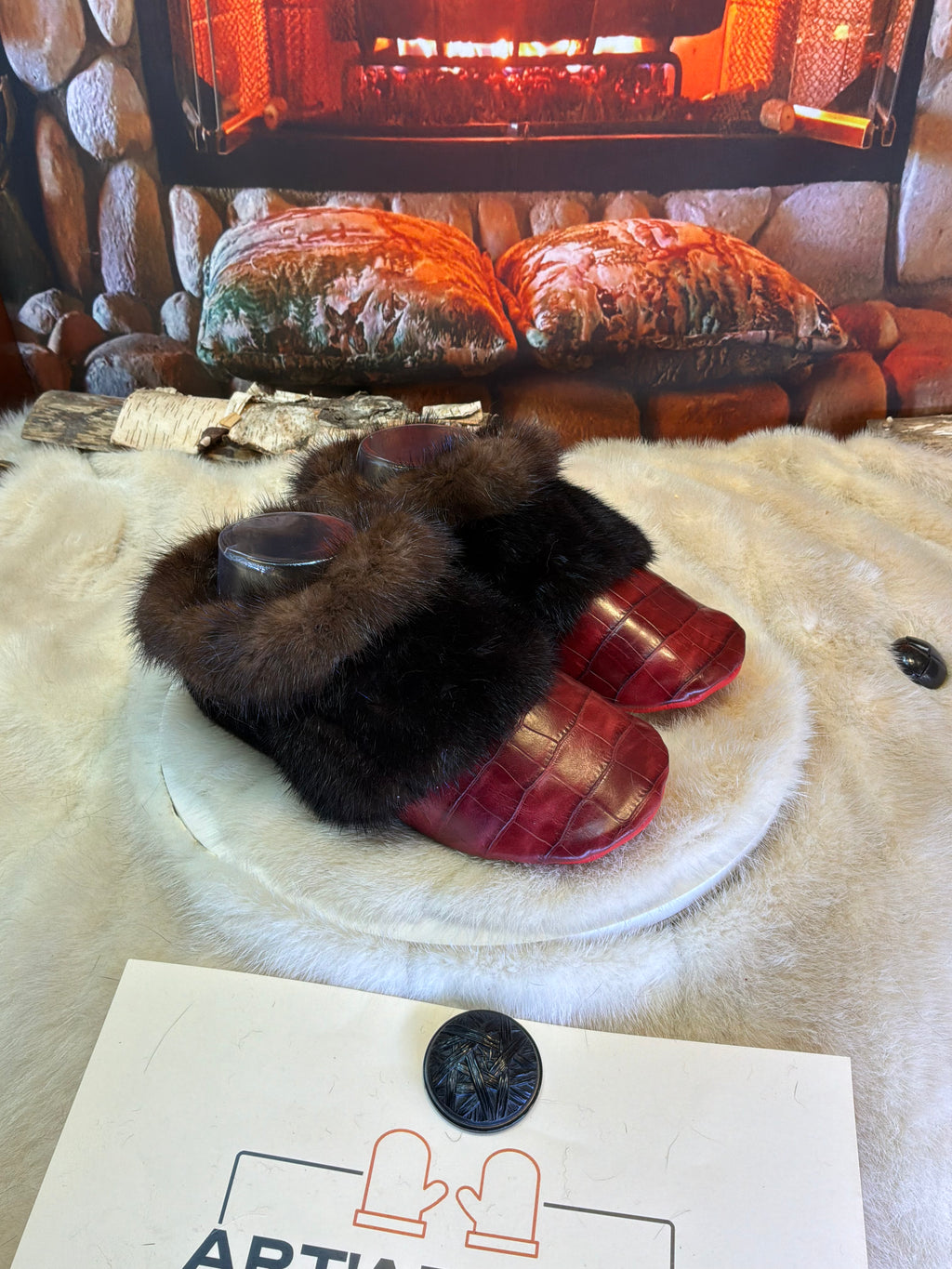 Slipper Clémence pointure 7 femme – Sherling italien & cuir recyclé, pièce unique faite à la main au Québec