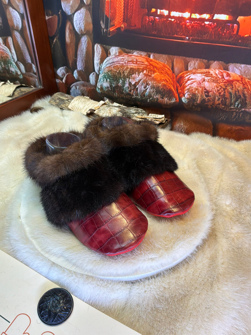 Slipper Clémence pointure 7 femme – Sherling italien & cuir recyclé, pièce unique faite à la main au Québec
