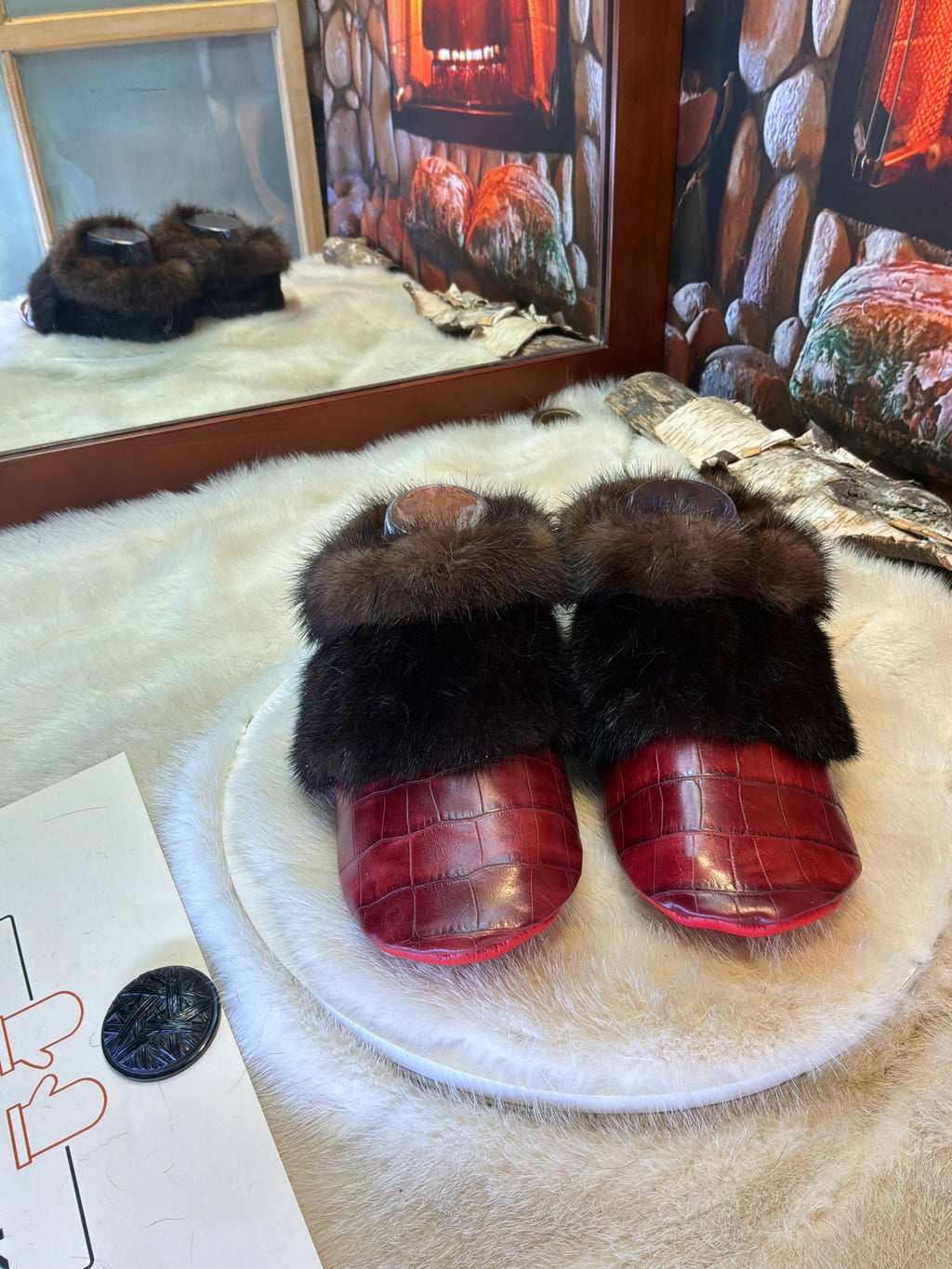 Slipper Clémence pointure 7 femme – Sherling italien & cuir recyclé, pièce unique faite à la main au Québec