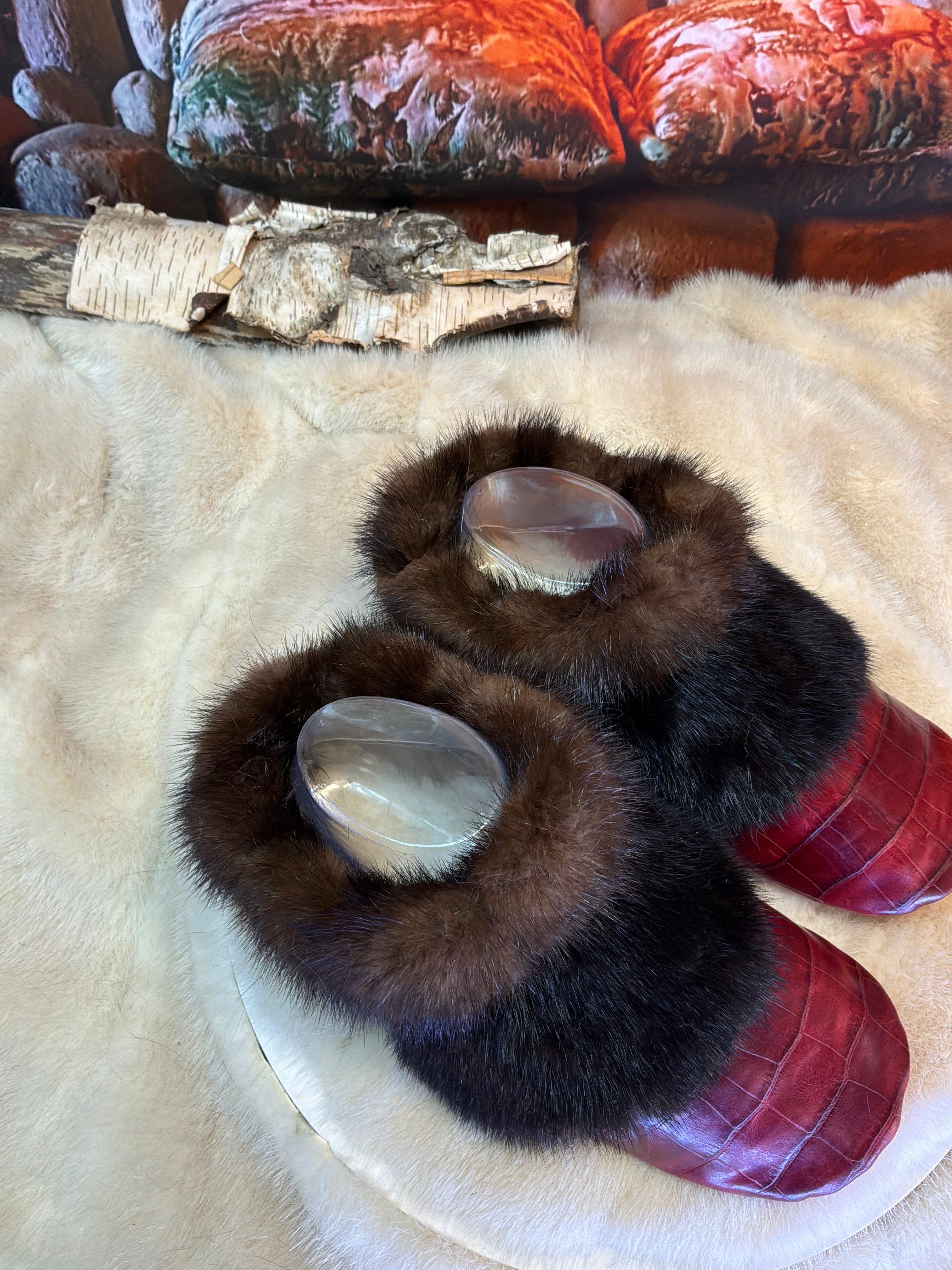 Slipper Clémence pointure 7 femme – Sherling italien & cuir recyclé, pièce unique faite à la main au Québec