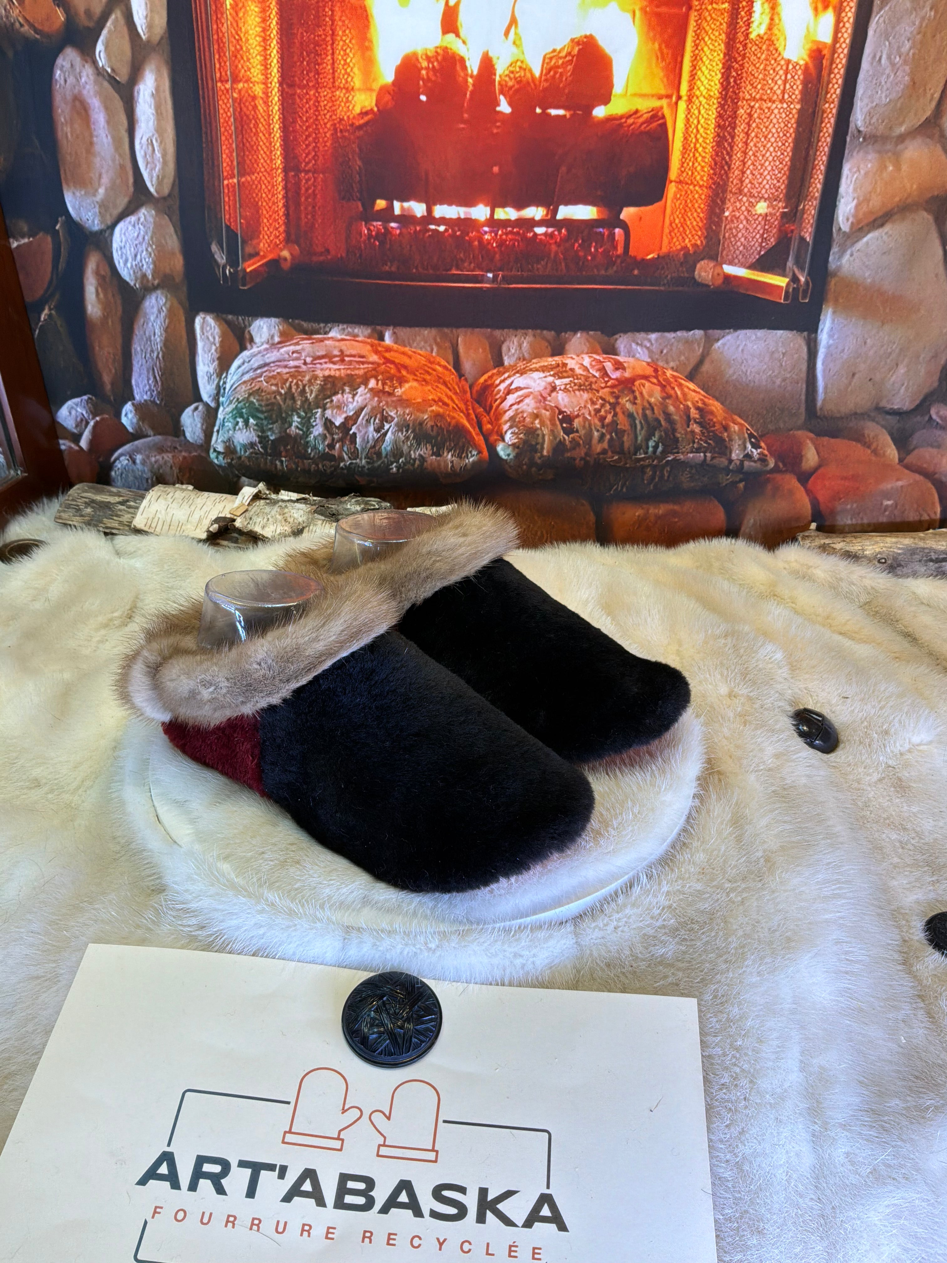 Slipper Rita pointure 7 femme – Sherling italien & cuir recyclé, pièce unique faite à la main au Québec