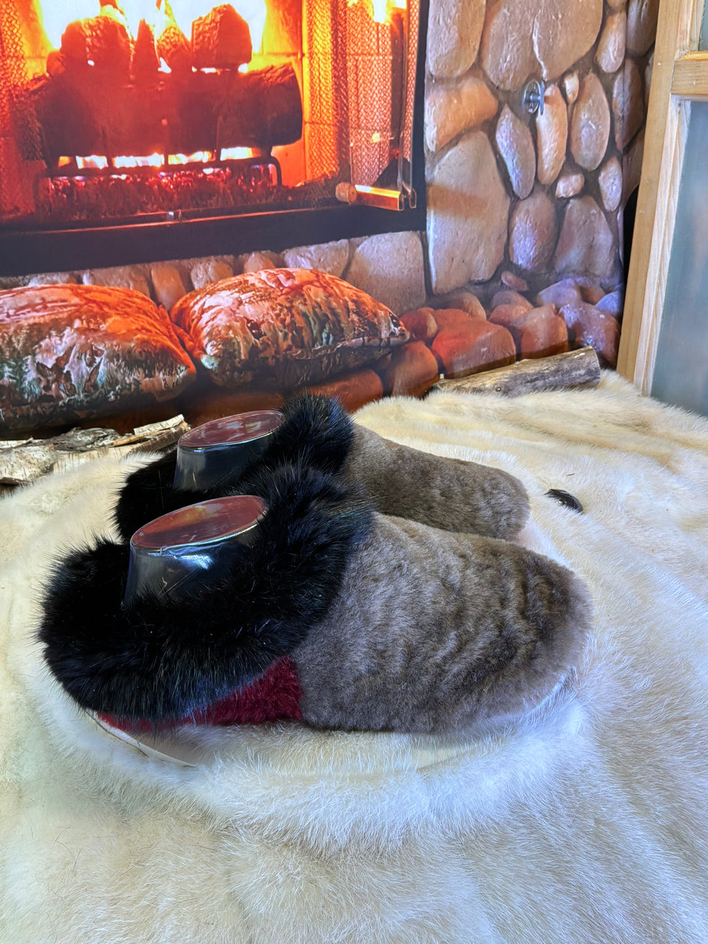 Slipper Pierrette pointure 7 femme – Sherling italien & cuir recyclé, pièce unique faite à la main au Québec