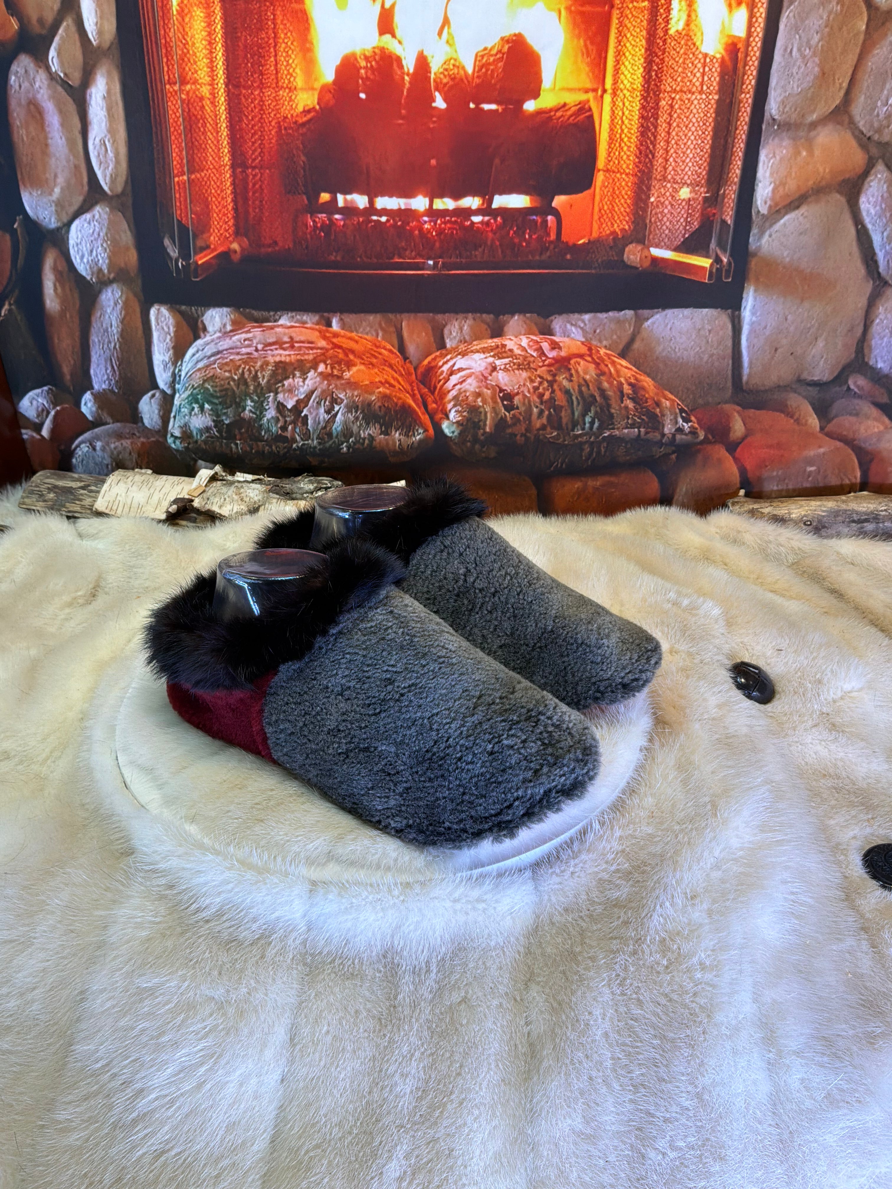 Slipper Johanne pointure 7 femme – Sherling italien & cuir recyclé, pièce unique faite à la main au Québec