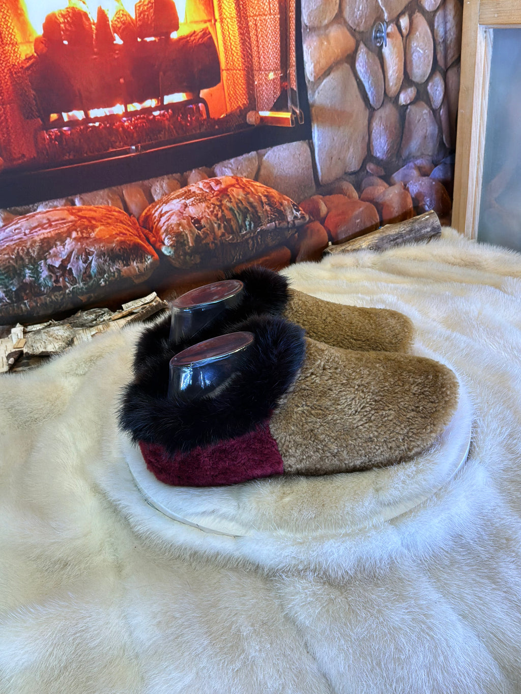 Slipper Jacynthe pointure 7 femme – Sherling italien & cuir recyclé, pièce unique faite à la main au Québec