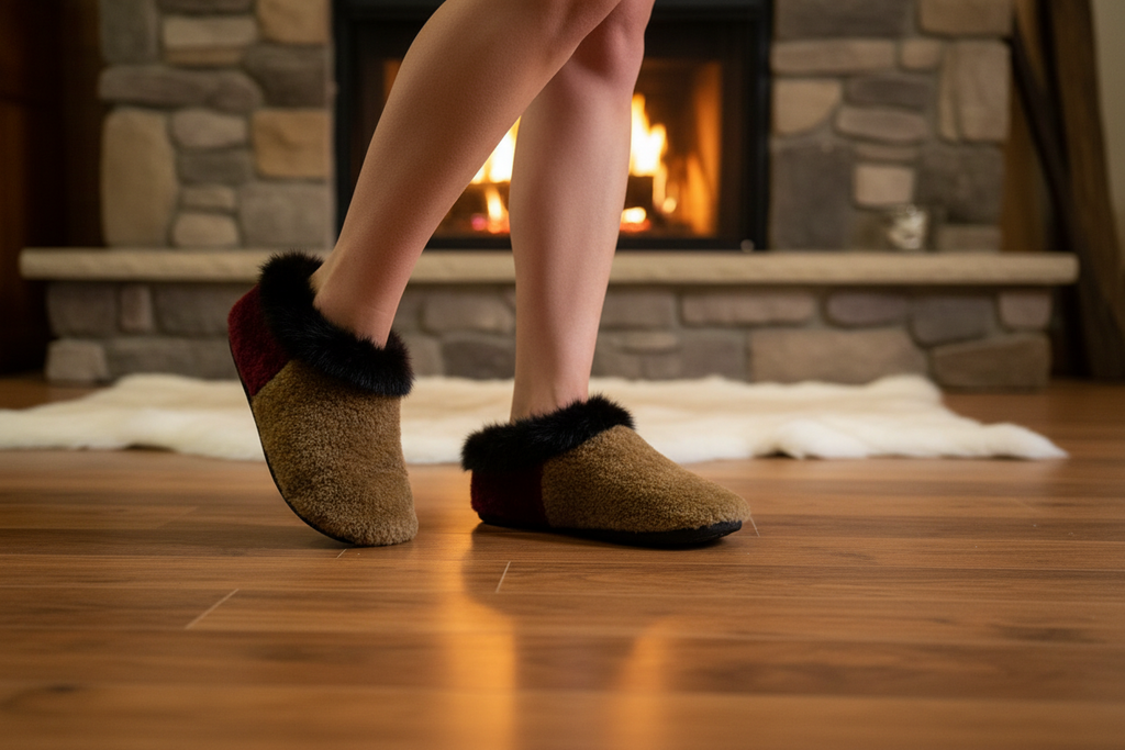 Slipper Jacynthe pointure 7 femme – Sherling italien & cuir recyclé, pièce unique faite à la main au Québec