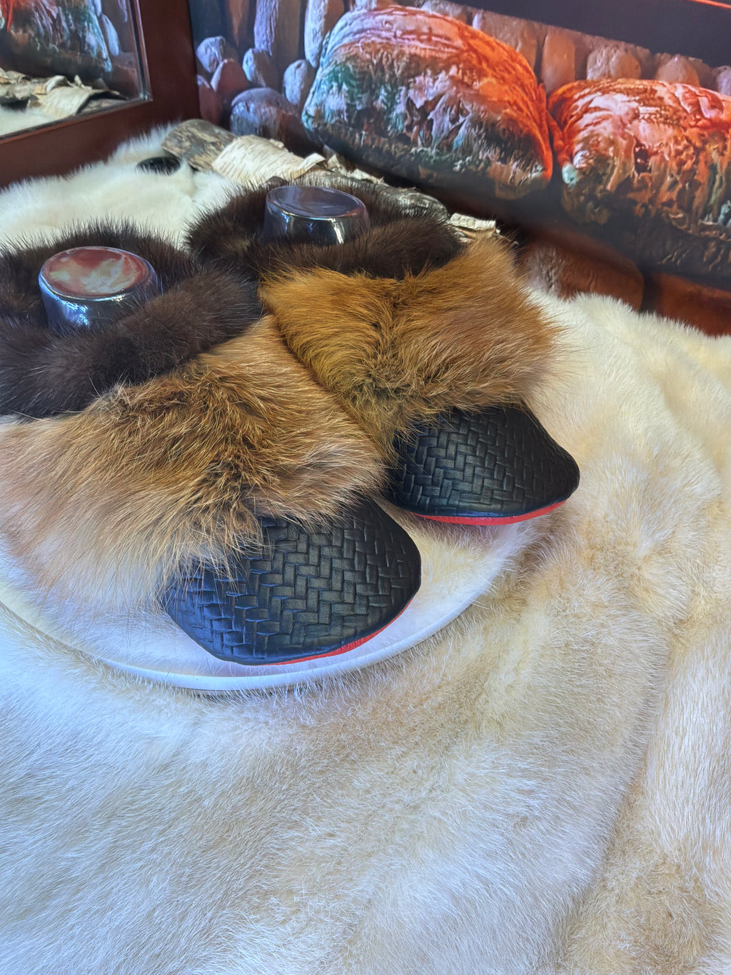 Slipper Rollande pointure 10 femme – Sherling italien & cuir recyclé, pièce unique faite à la main au Québec