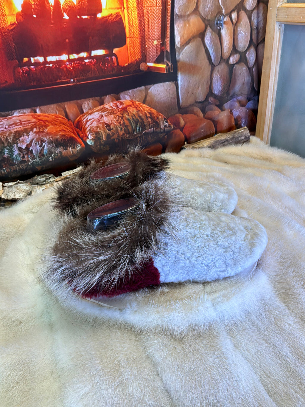 Slipper Ginette pointure 8 femme – Sherling italien & cuir recyclé, pièce unique faite à la main au Québec