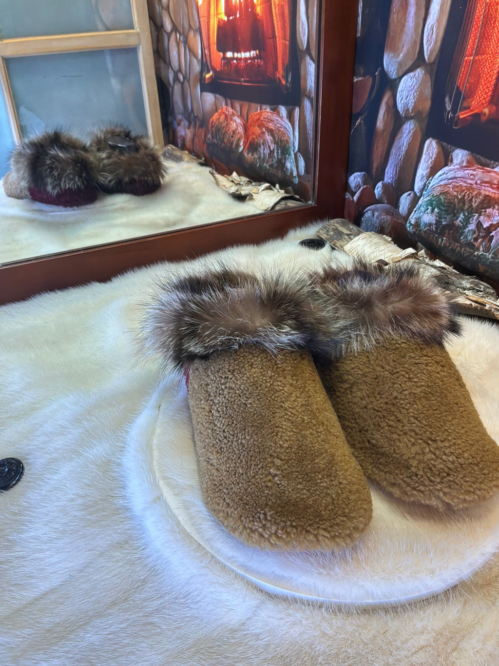 Slipper Sylvie pointure 8 femme – Sherling italien & cuir recyclé, pièce unique faite à la main au Québec