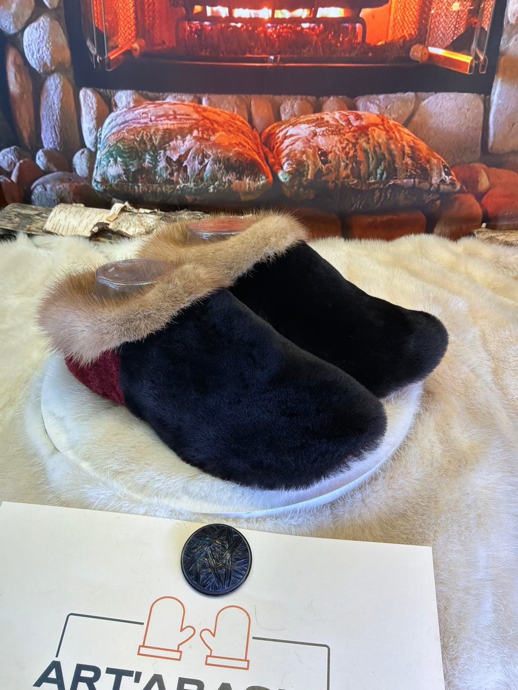 Slipper Sylvie pointure 8 femme – Sherling italien & cuir recyclé, pièce unique faite à la main au Québec