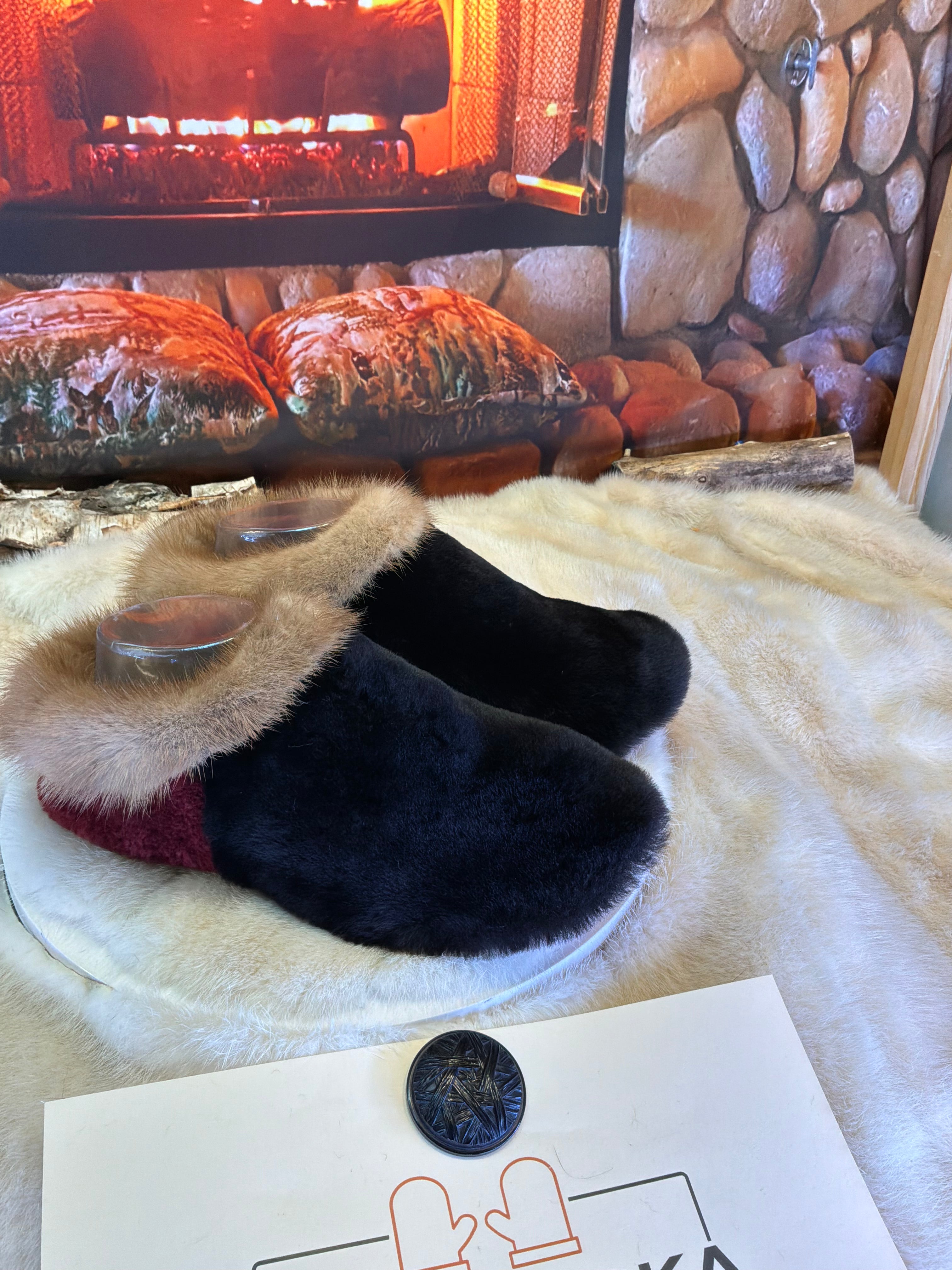 Slipper Sylvie pointure 8 femme – Sherling italien & cuir recyclé, pièce unique faite à la main au Québec