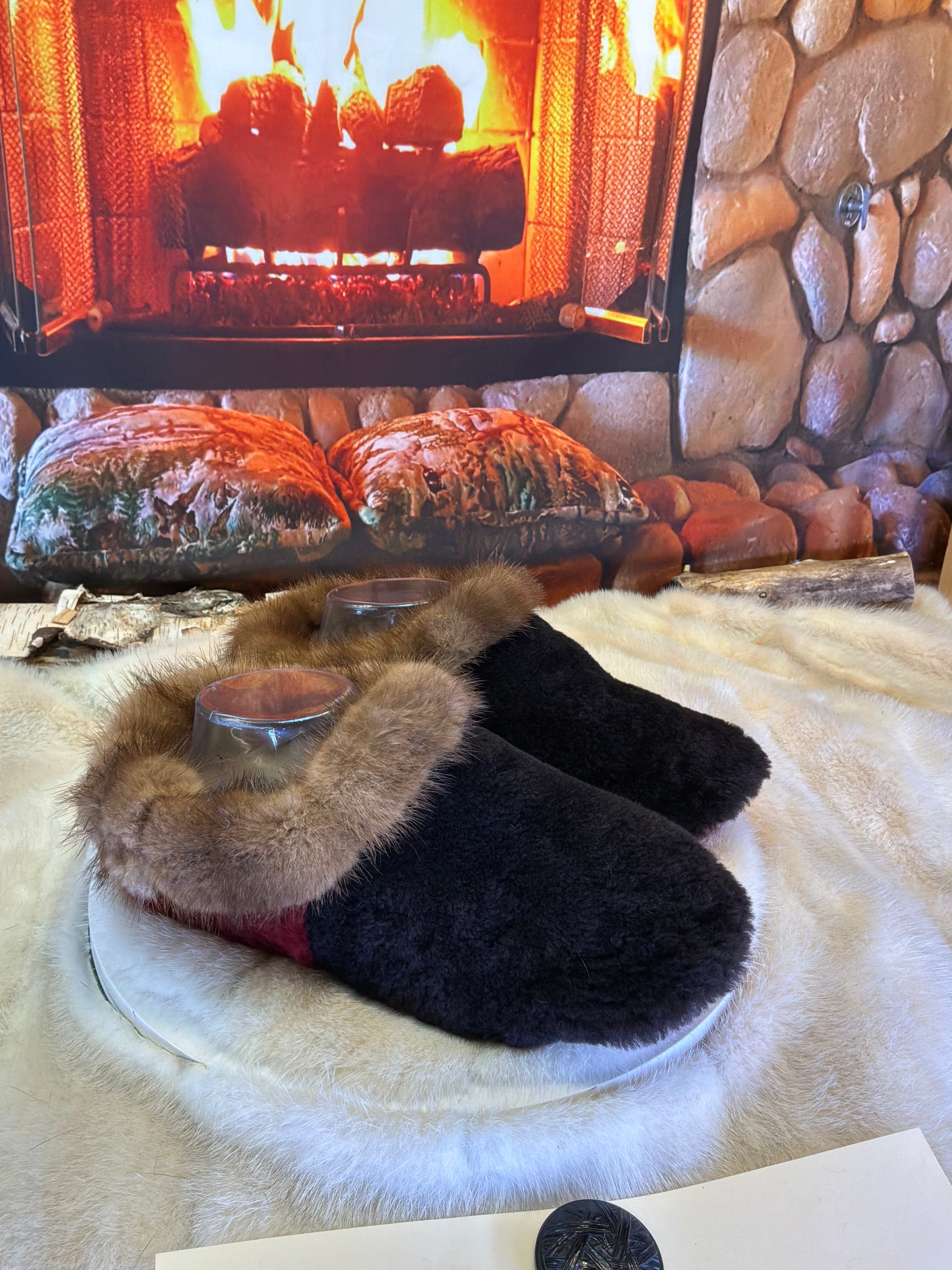 Slipper Pauline pointure 9 femme – Sherling italien & cuir recyclé, pièce unique faite à la main au Québec