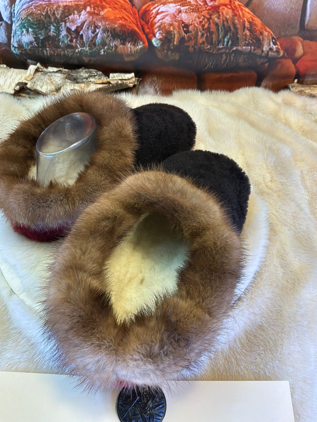 Slipper Pauline pointure 9 femme – Sherling italien & cuir recyclé, pièce unique faite à la main au Québec