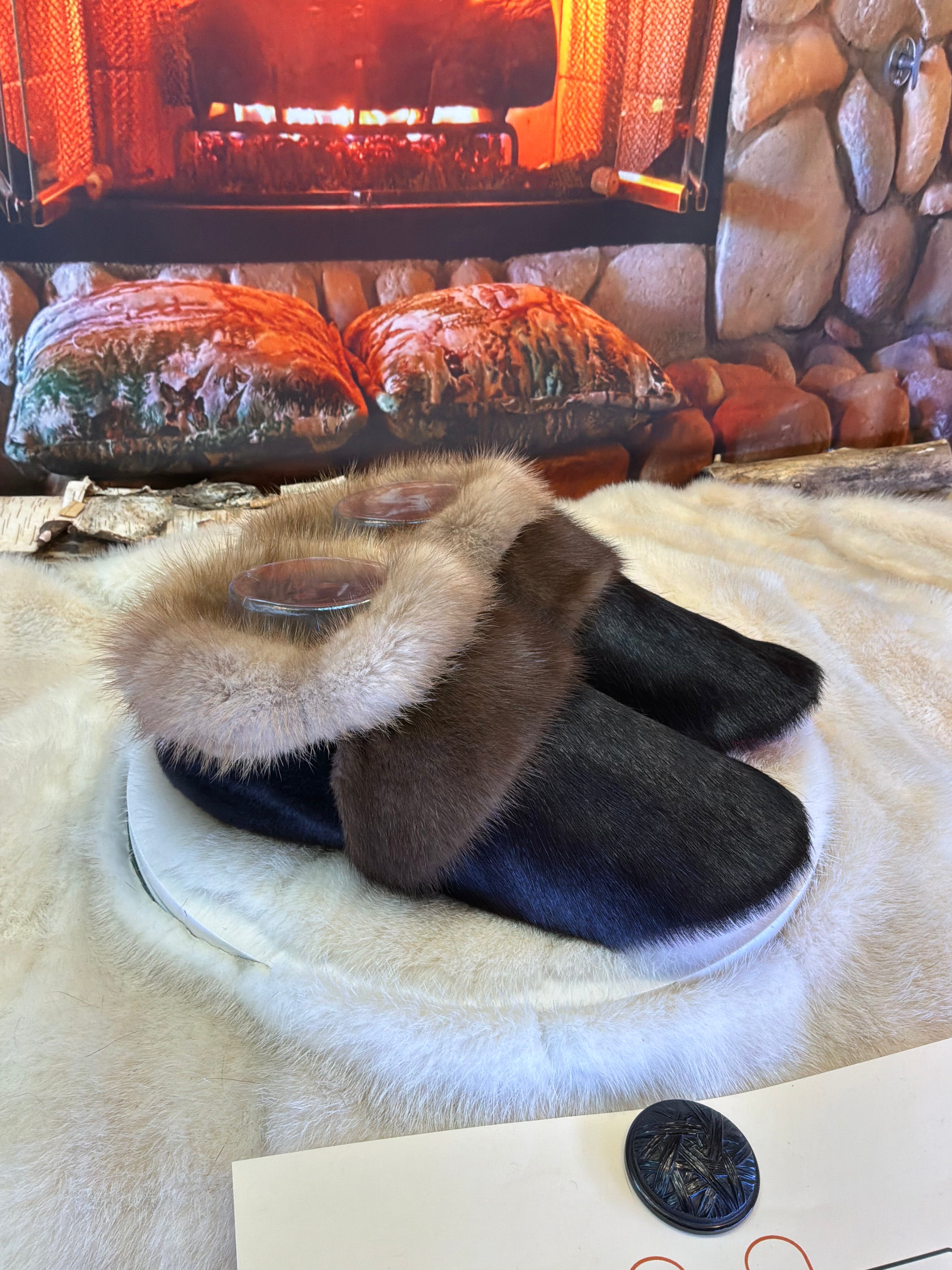 Slipper Jocelyne pointure 8 femme – Sherling italien & cuir recyclé, pièce unique faite à la main au Québec